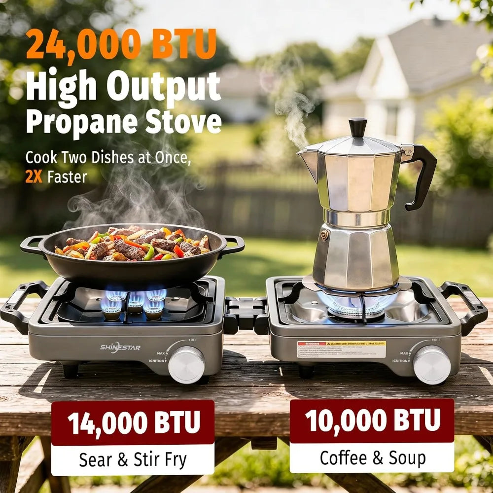 2 Burner Camping Stove, 24000 BTU Portable Propane Stove with Brass Burner, Foldable Gas Stove with Windshield & Coffee Stand for Outdoor Cooking