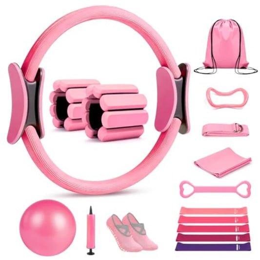 Pilates Ring Set 15 PCS Home Pilates Essentials Kit for Women 12 Pilates Ring and 9 Ball Set Pilates Kit with Ankle Weights 2LB