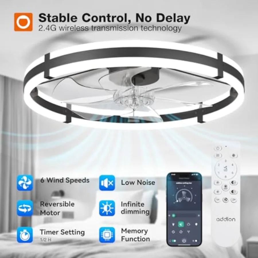 24'' ceiling fan with light for bedroom, kitchen, living room; black metal; dimmable 3000-6000K LED; low-profile flush mount, m