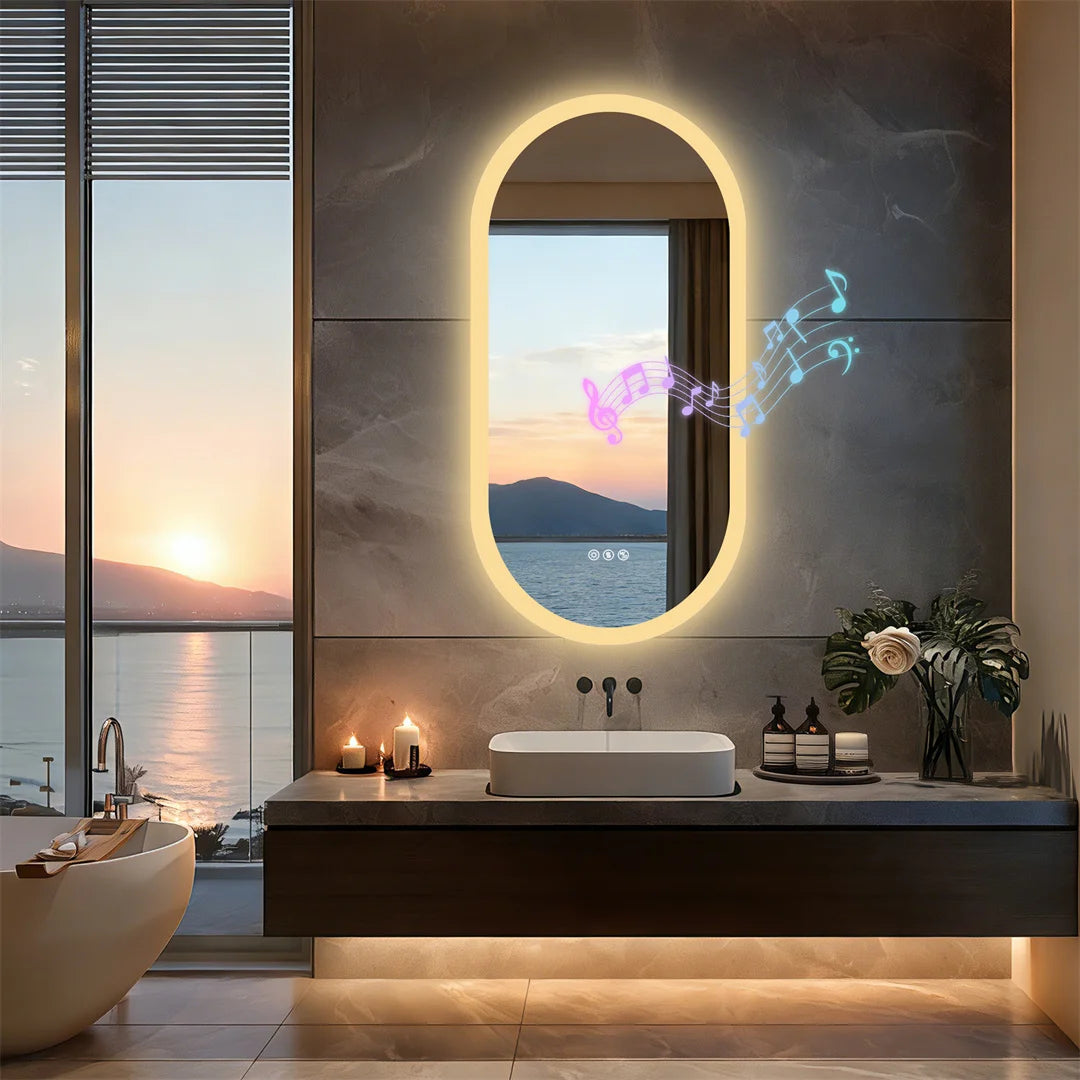 LUVODI Smart Bluetooth Lighted Bathroom Mirror with Dimming Backlit Wall Vanity Anti-Fog Tempered Glass for Sink Dressing