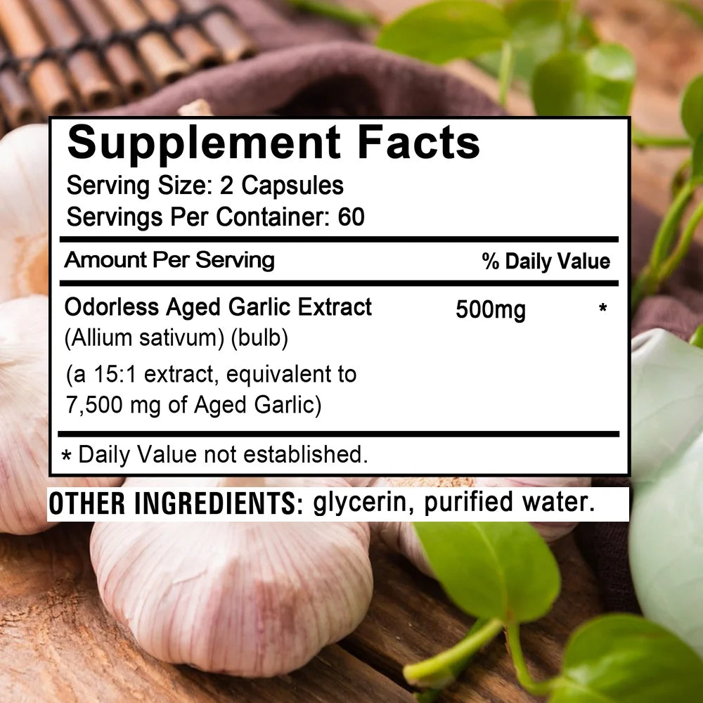 Odorless Aged Garlic Extract Capsules, Health & Energy Support, Cleansing and Detoxification, Non-GMO, Non-Soy