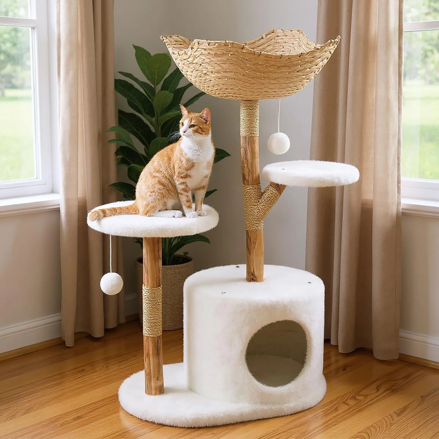 Real Wood Modern Cat Tree Tower With Wicker Condo Scratching Post Bed Boho Luxury Pet Furniture Indoor Cats Space-Saving