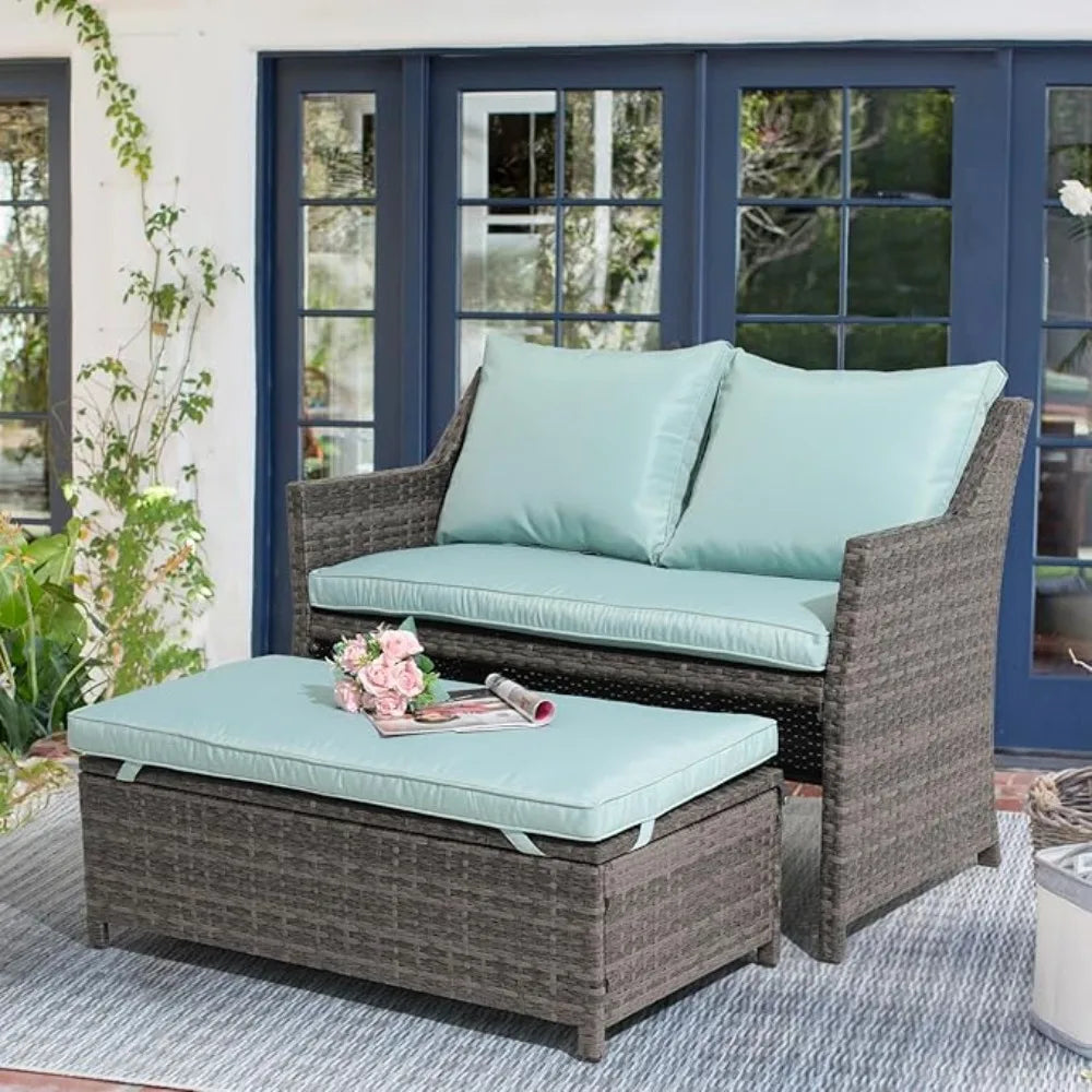 2-Piece Outdoor Patio Furniture Wicker Love-seat and Coffee Table Set, with Built-in Storage Bin, Grey Rattan, Grey, Customized