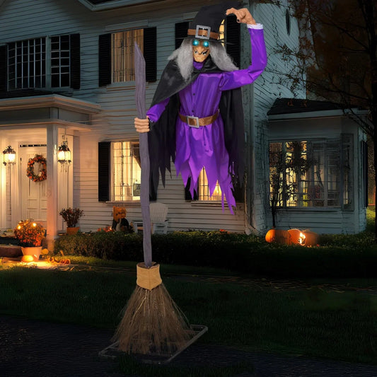 8FT Tall Animated Flying Witch Halloween Decorations Outdoor Floating Witch on Broom Animatronics Hovering Witch Decor with Light Eyes and Spooky Voice, Scary Haunted House Prop for Outside Yard Lawn