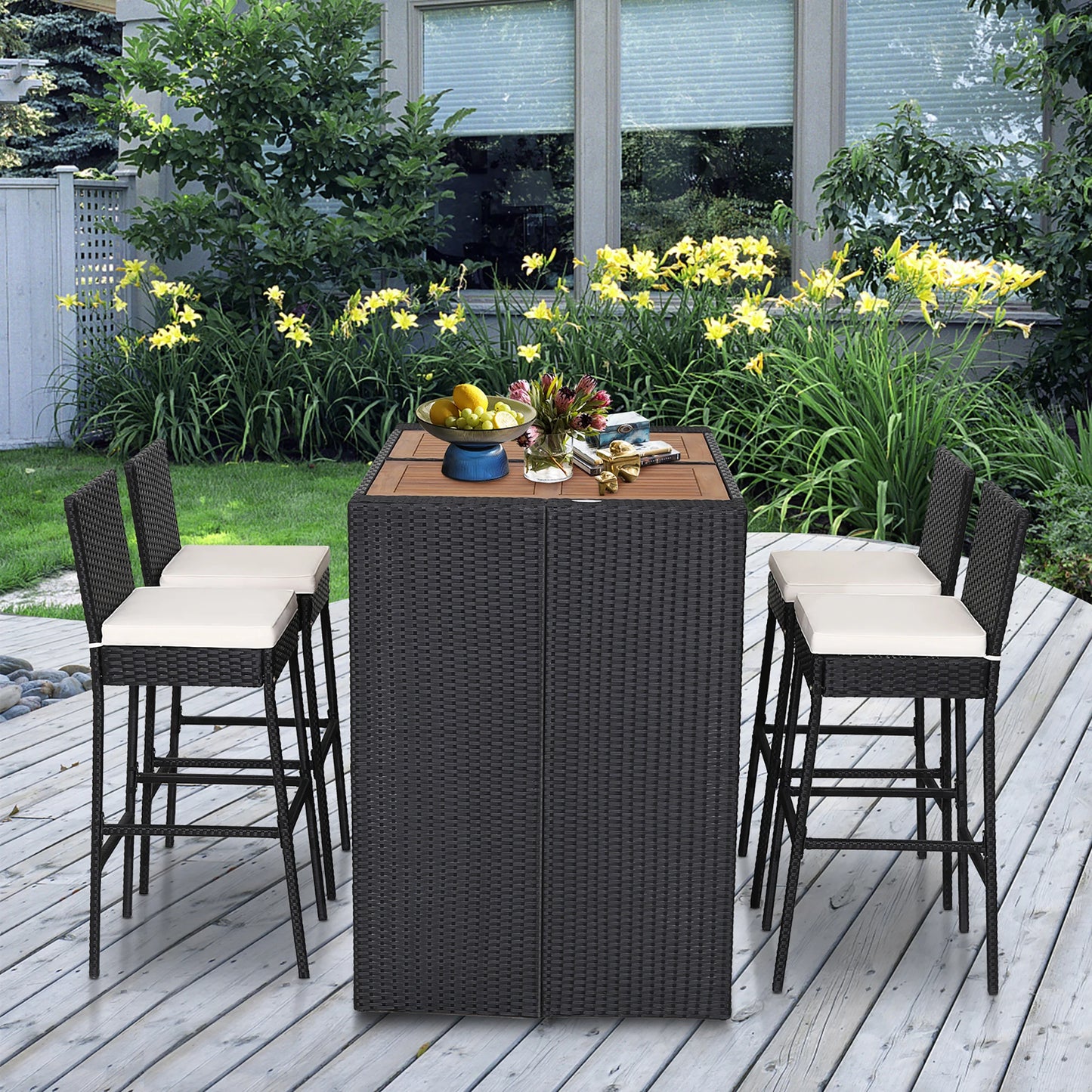 5-Piece Patio PE Wicker Bar Set Outdoor Acacia Wood Dining Table Stool Bistro