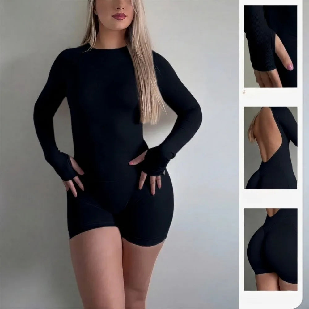 Women Long Sleeve Yoga Jumpsuit Shorts Seamless Knit Open Back One Piece Workout Romper Nylon Stretch Gym Jumpsuit Breathable Cycling Outdoor Sports Fitness Training Daily Activewear