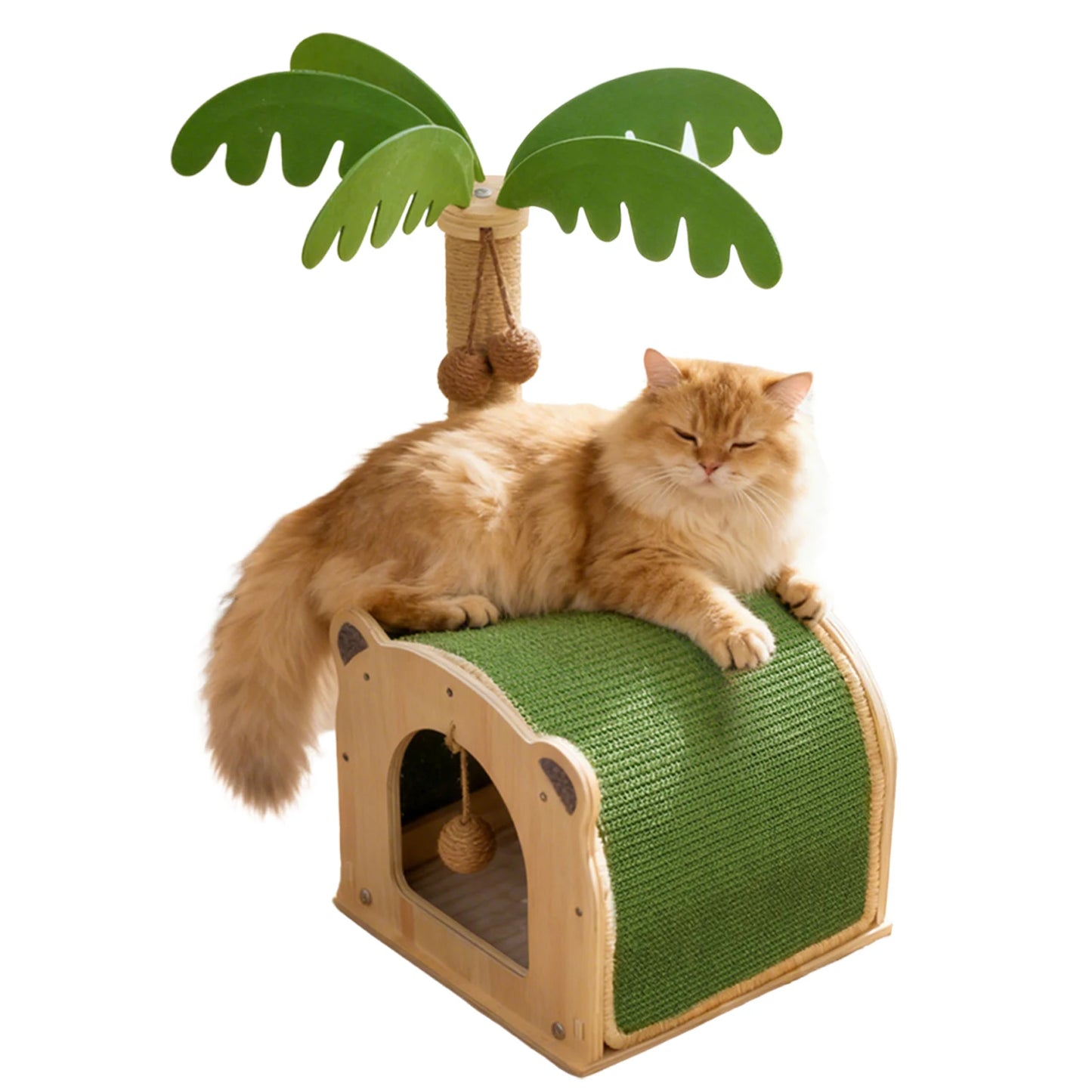 Coconut Tree Sisal Scratch Posts with Hanging Balls Cat Toy Wooden Interactive Condo for Kittens and Cats