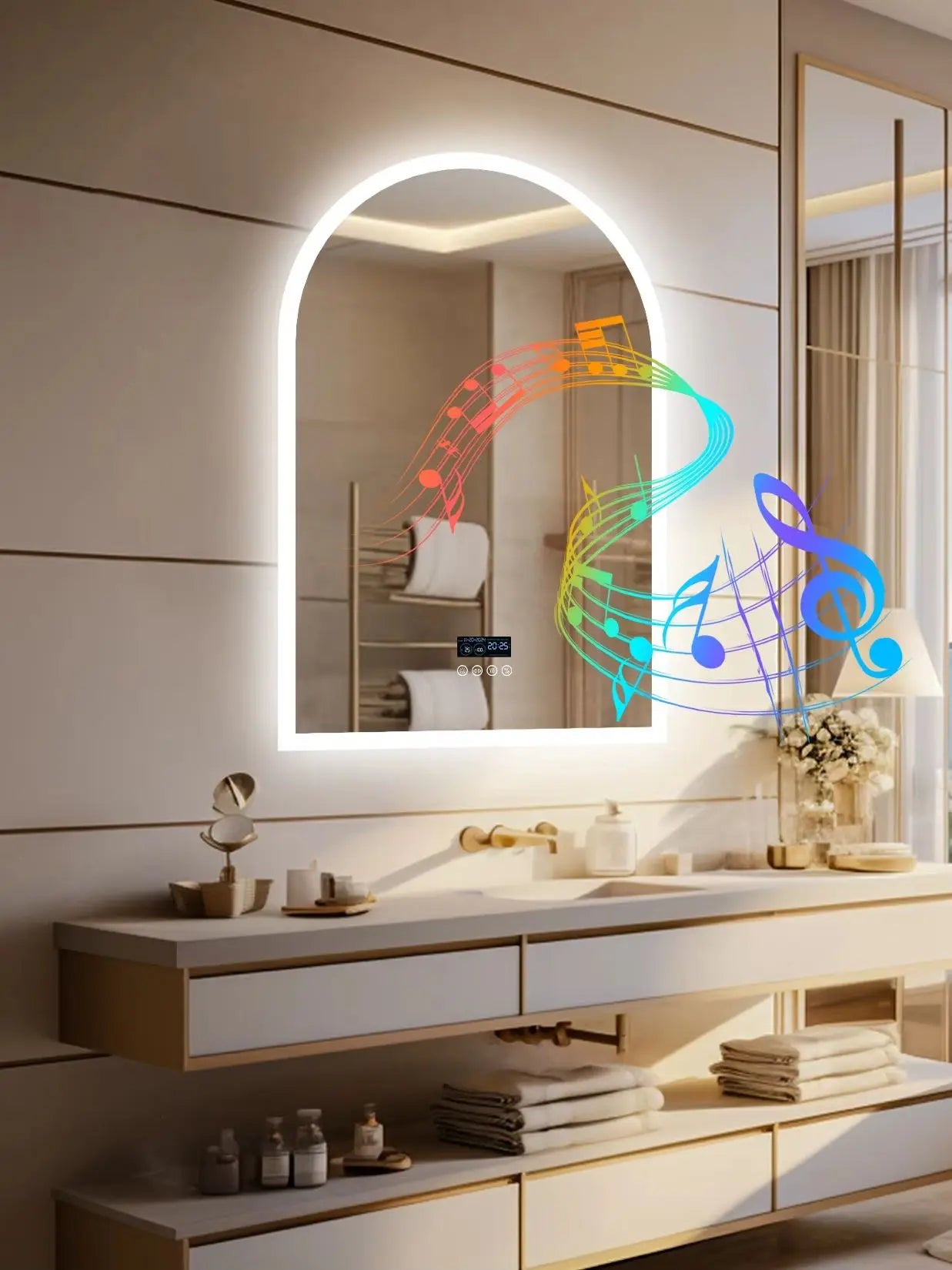 LUVODI Arched Bluetooth Bathroom Mirror with LED Backlight Dimmable Fogless Vanity Mirror with Time And Temperature Display