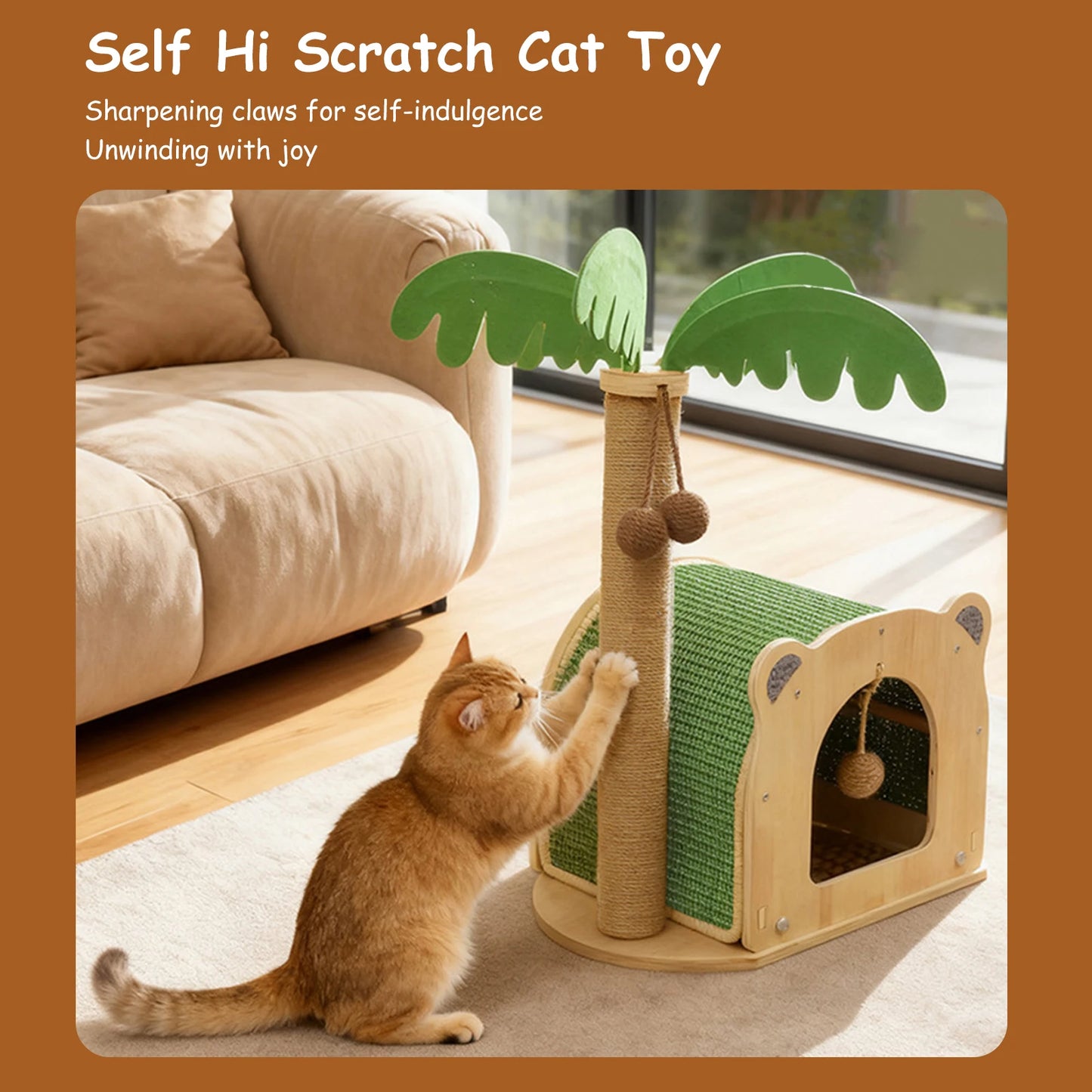 Coconut Tree Sisal Scratch Posts with Hanging Balls Cat Toy Wooden Interactive Condo for Kittens and Cats