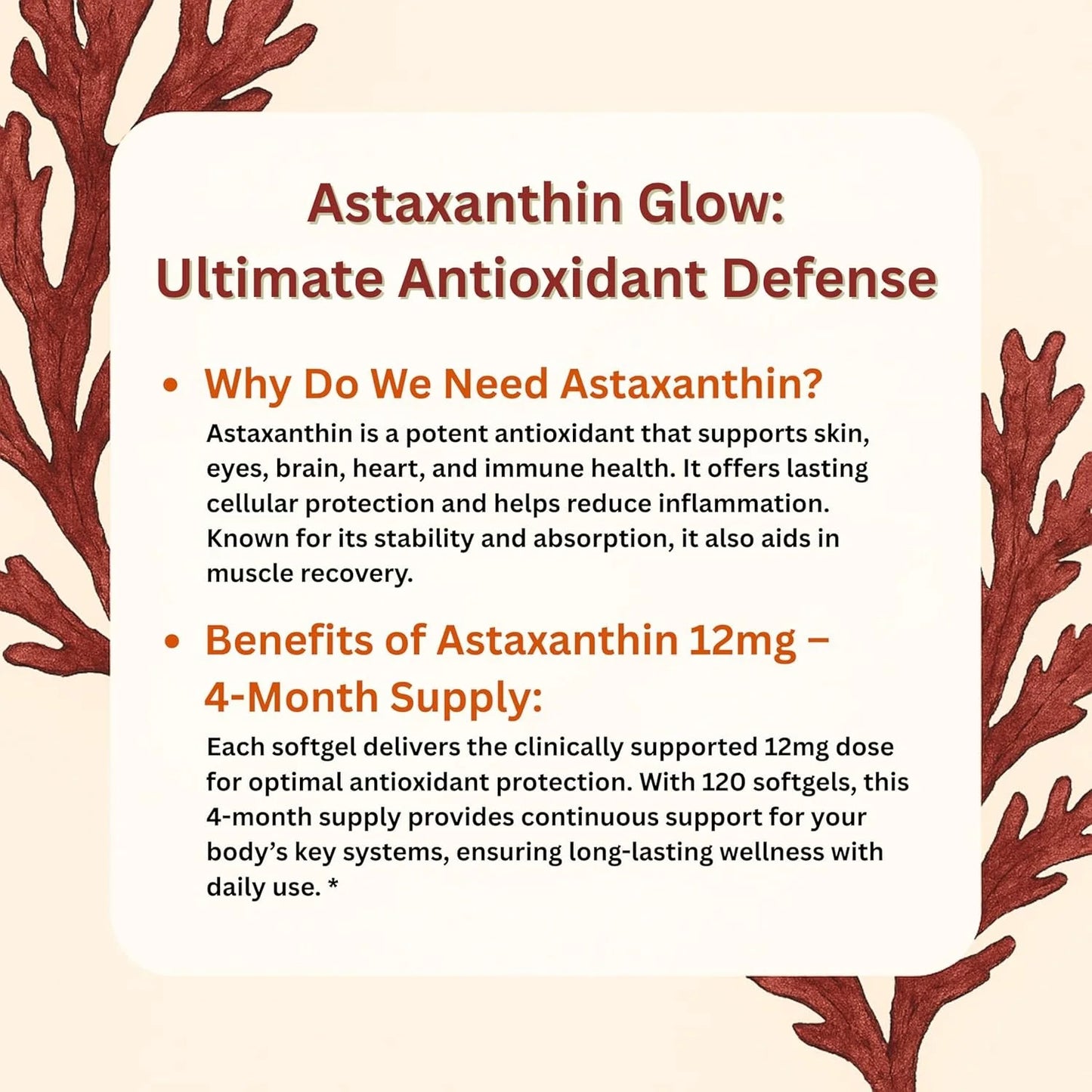 Astaxanthin 12mg with MCT Oil, Premium Astaxanthin Antioxidant Supplements Fresh Microalgae Source, Non-GMO, Gluten Free, No Soy