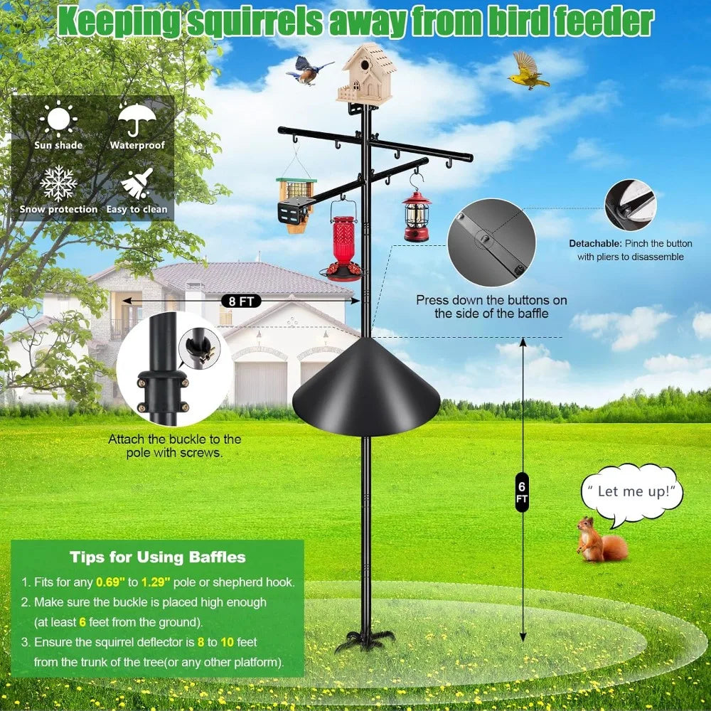 107 Inch Bird Feeder Pole with 2 Platforms and 8 Hooks, Squirrel Proof, Heavy Duty Mounting Pole for Outdoors