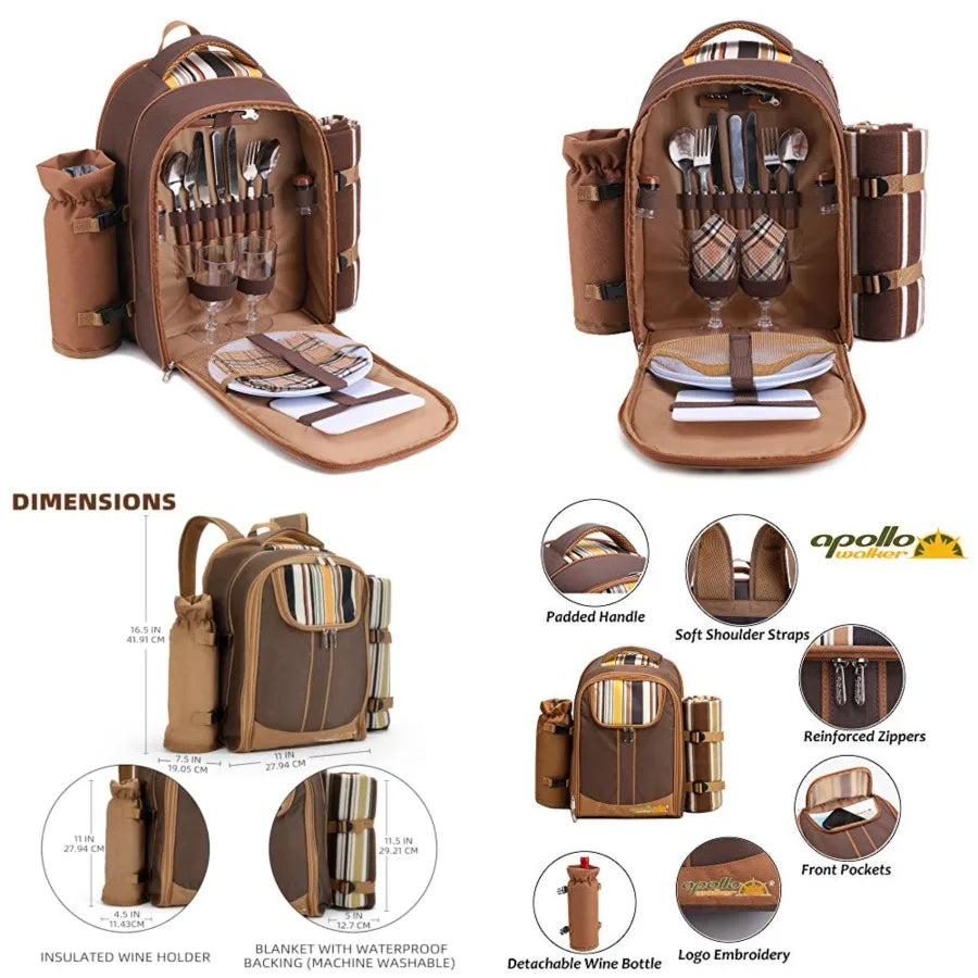 Picnic Backpack Bag for with Cooler Compartment, Detachable Bottle/Wine Holder, Fleece Blanket, Plates and Cutlery