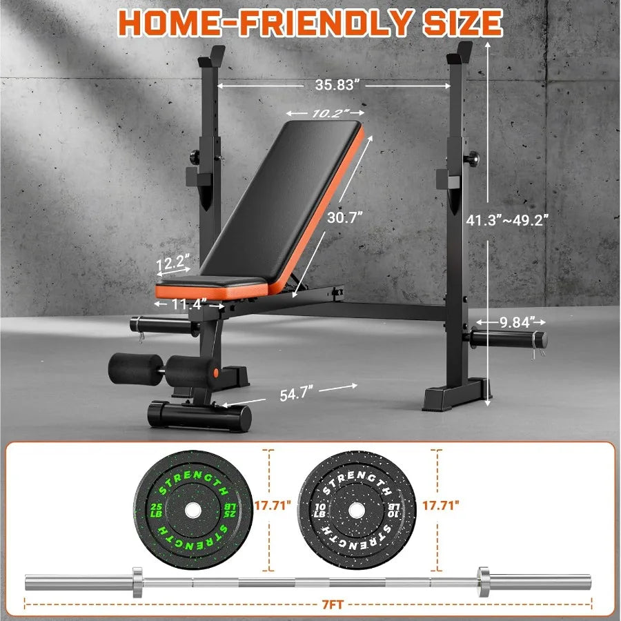 Adjustable Weight Bench with Squat Rack, 770lbs Heavy Duty Bench Press for Home Gym, Multi-Function Flat Incline Workout Bench