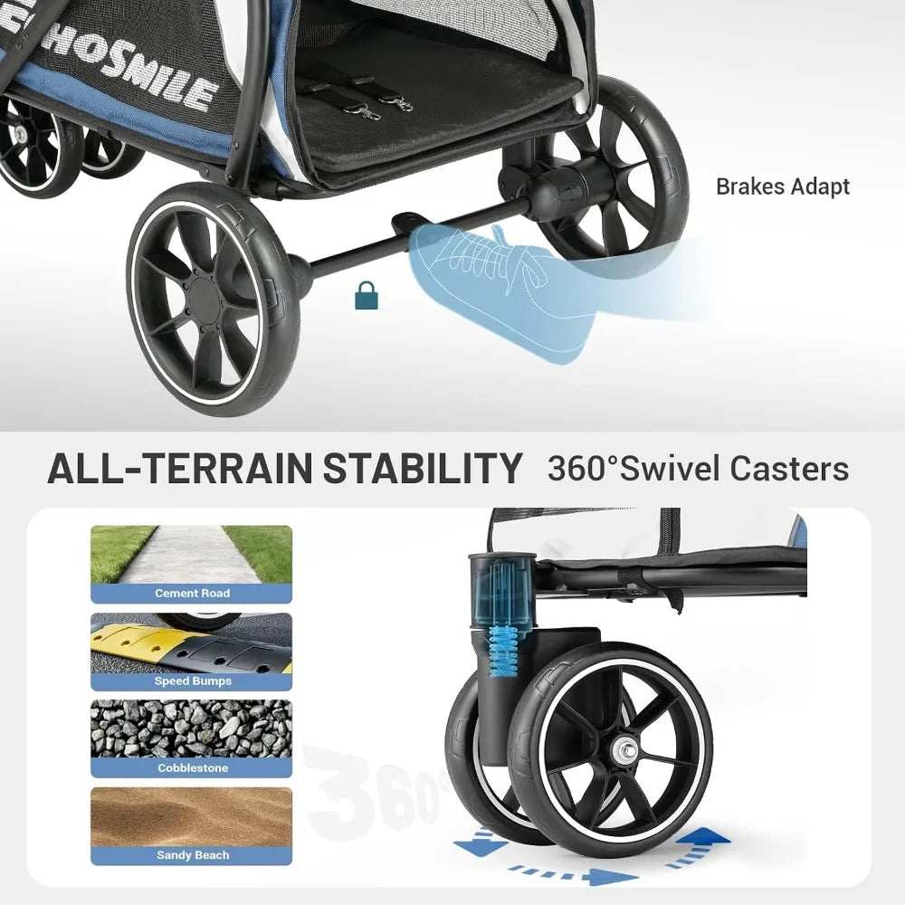Foldable Pet Stroller for Medium & Small Dogs, 3-Wheel with Brakes, All-Terrain Carrier with Breathable Mesh, Safety Leash & Storage Pocket