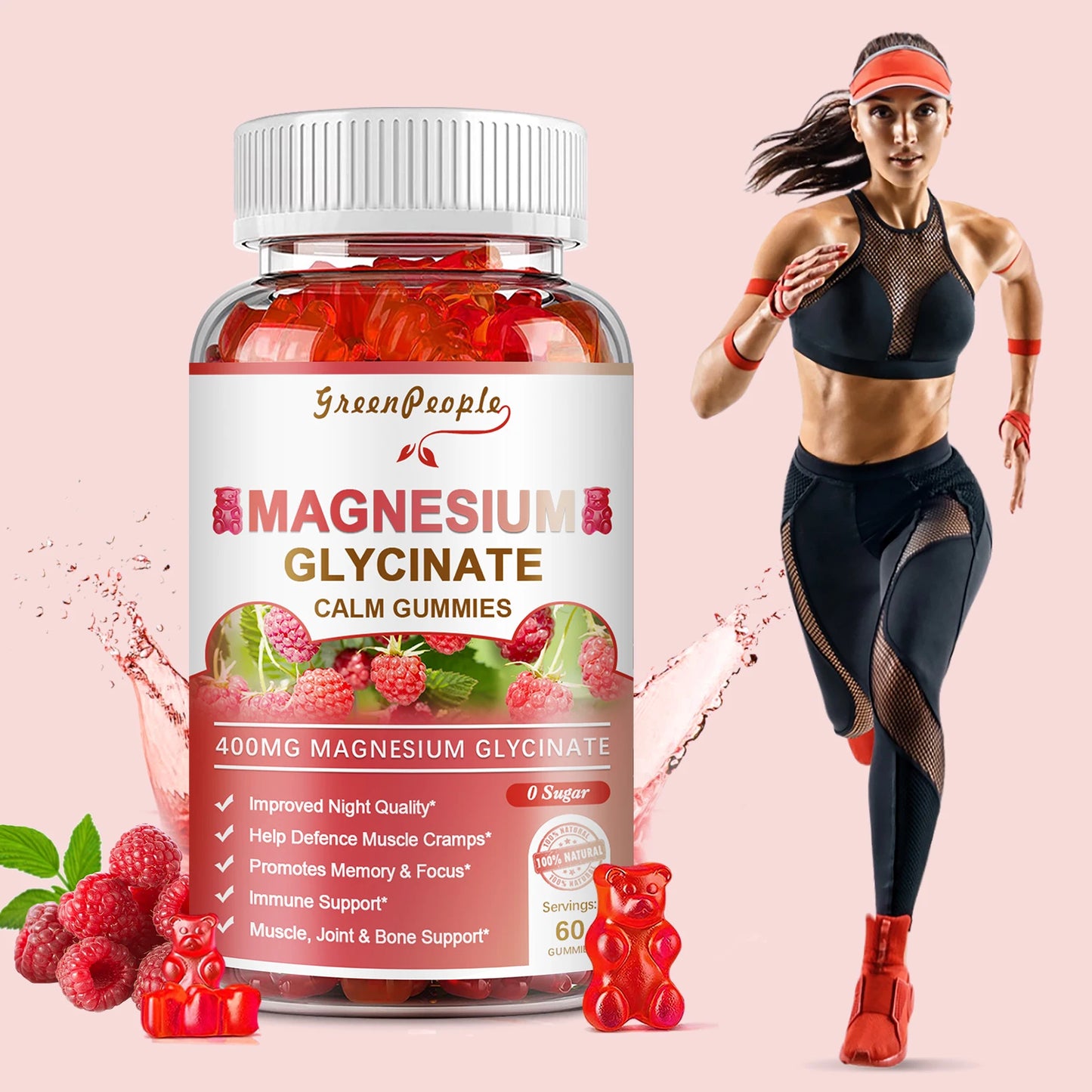 400mg Magnesium Glycinate Gummies with Magnesium Malate,Vitamin D,B6 & CoQ10 for Calm Support & Sleep for Adults Raspberry