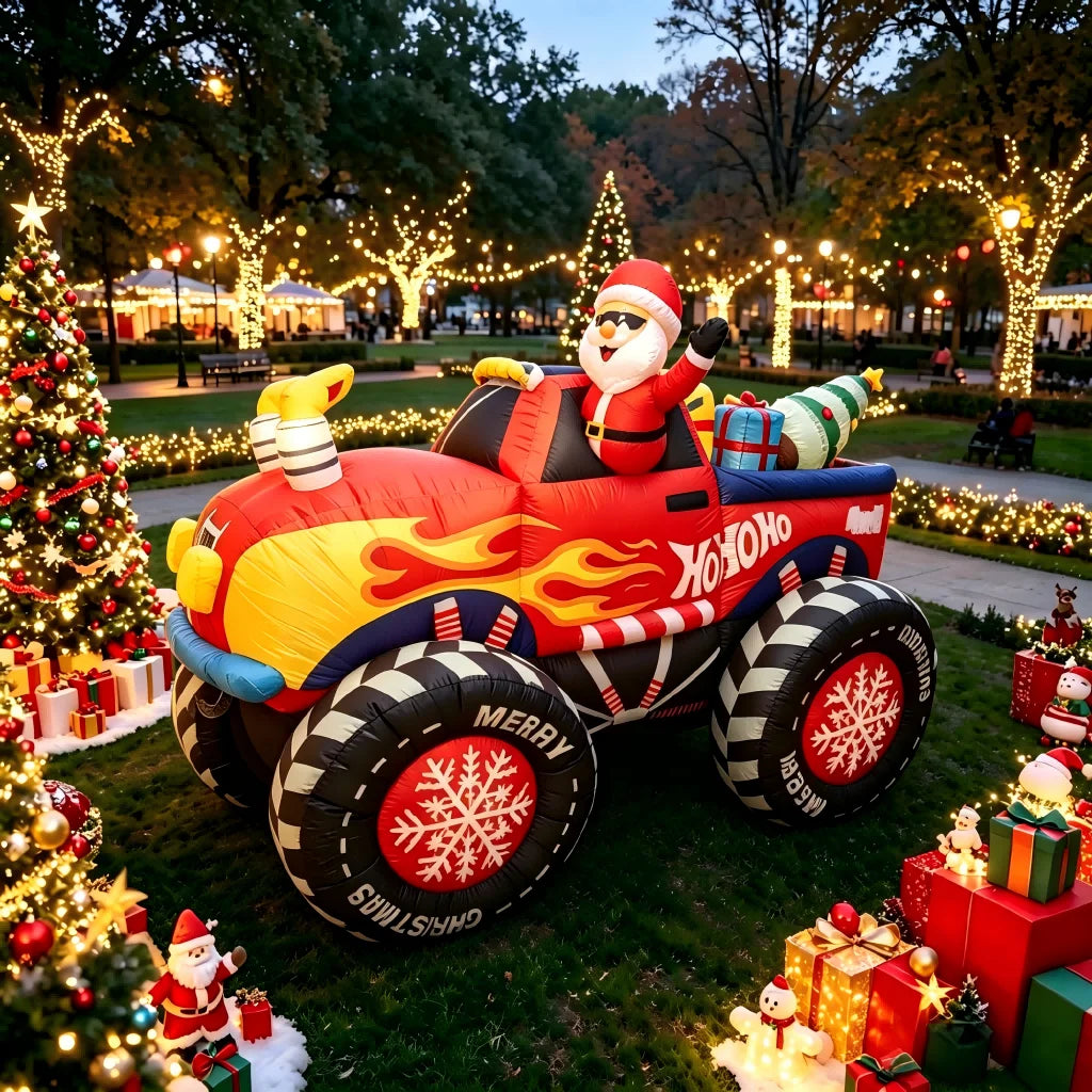 8 FT Christmas Inflatable Monster Truck, Blow Up Santa Claus Driving Red Truck with Gifts & Tree
