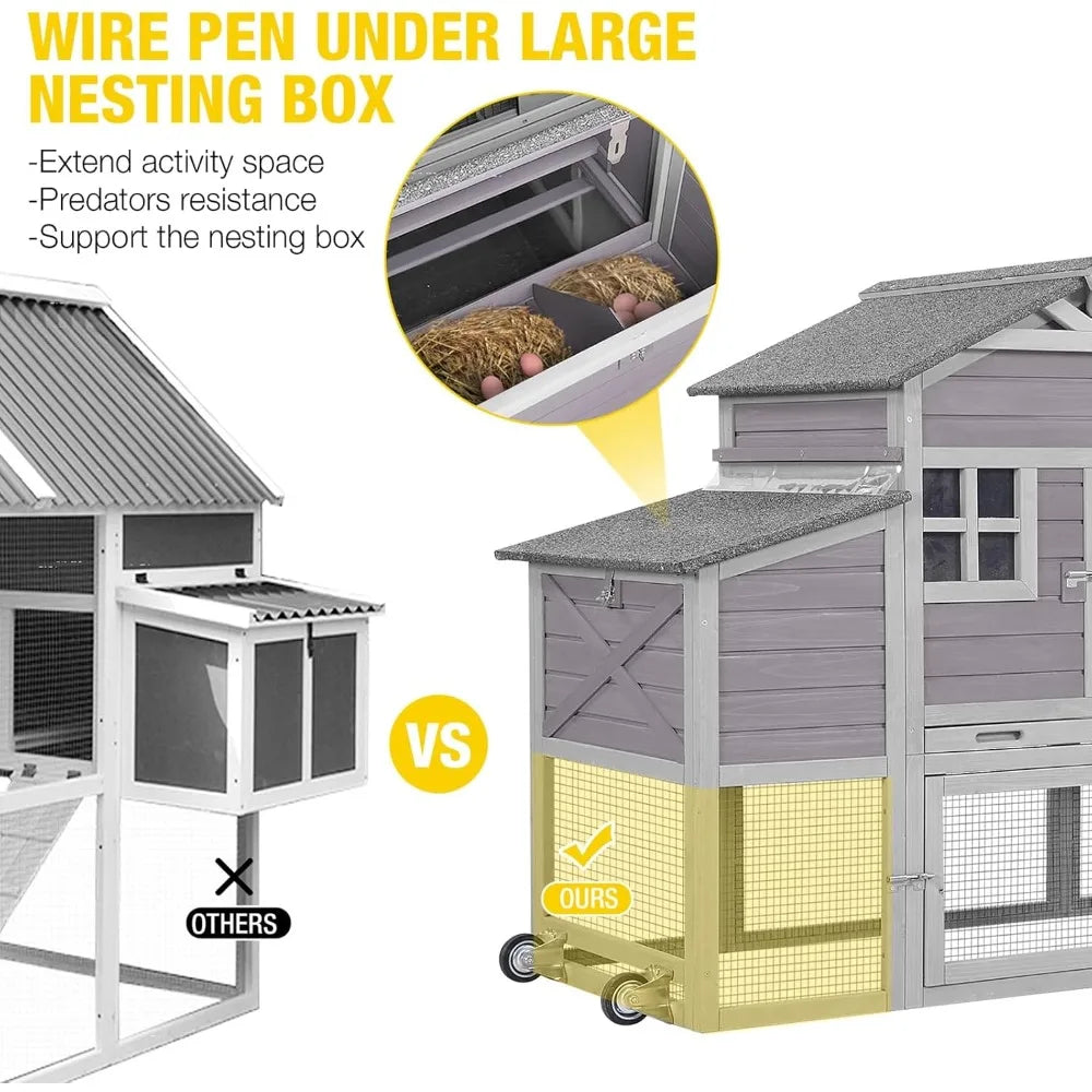 Chicken Coop Mobile Chicken Coop with Large Chicken Coop, Expandable Outdoor Wooden Poultry Cage with Wheels