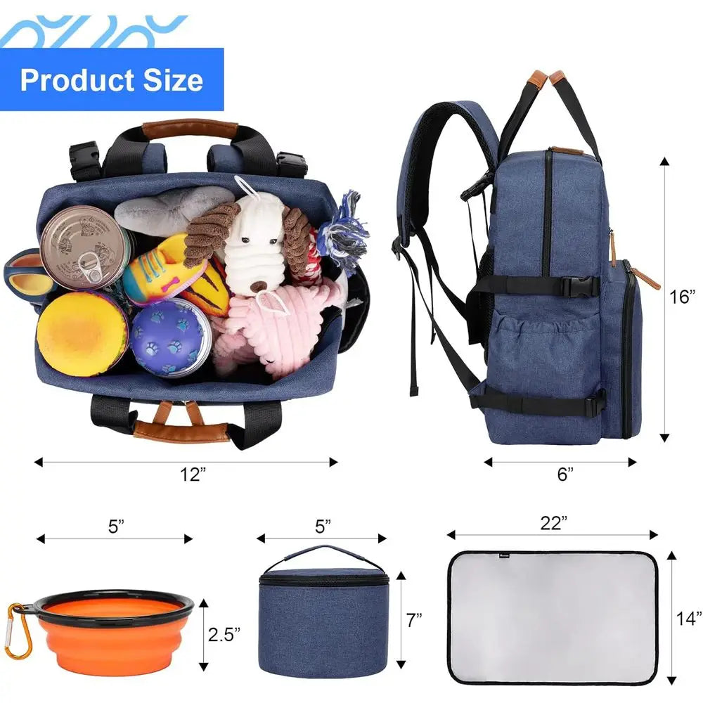 Dog Travel Bag, Airline Approved Backpack, Pet Accessories Organizer, Tote Weekend Bag with 2 Food Storage Containers, 2 Collaps