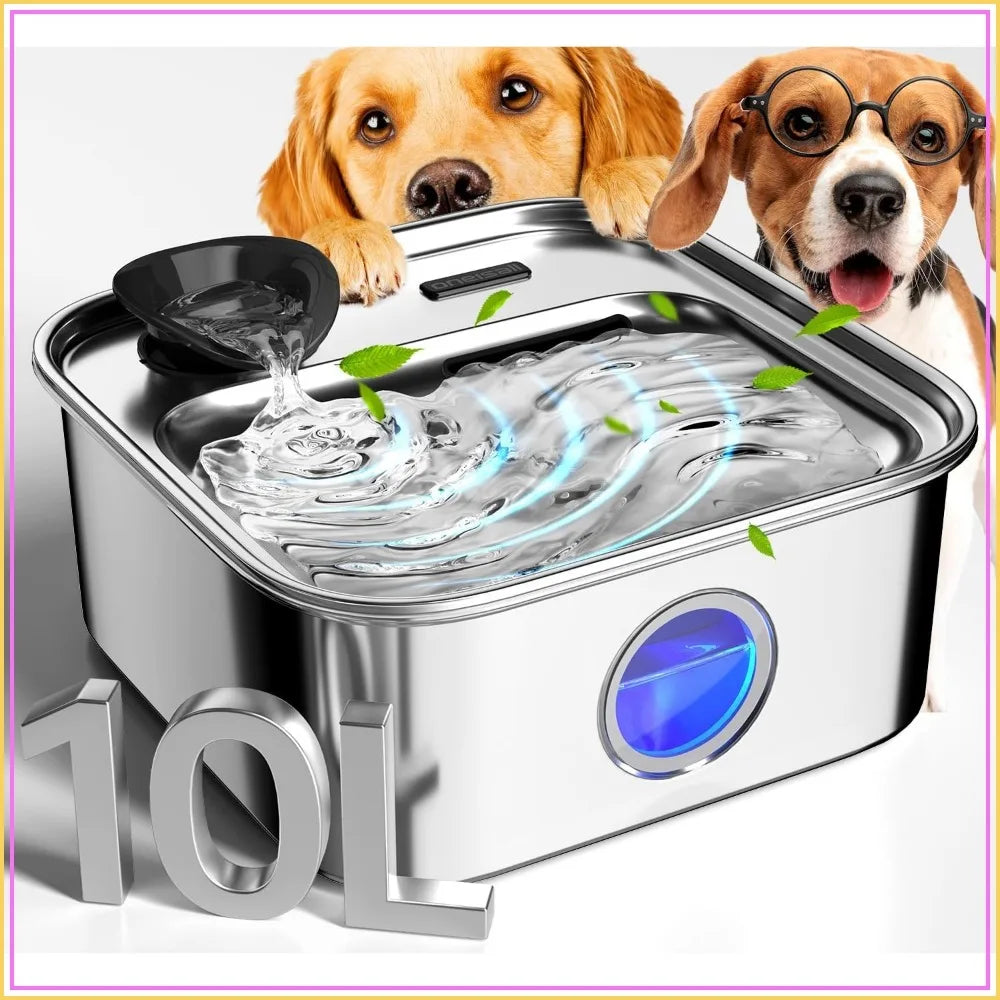 10L/2.6Gal Stainless Steel Dog Water Fountain for Large Breeds, Automatic Dispenser with Wide Deep Bowl, Triple Filtration & Quiet Pump