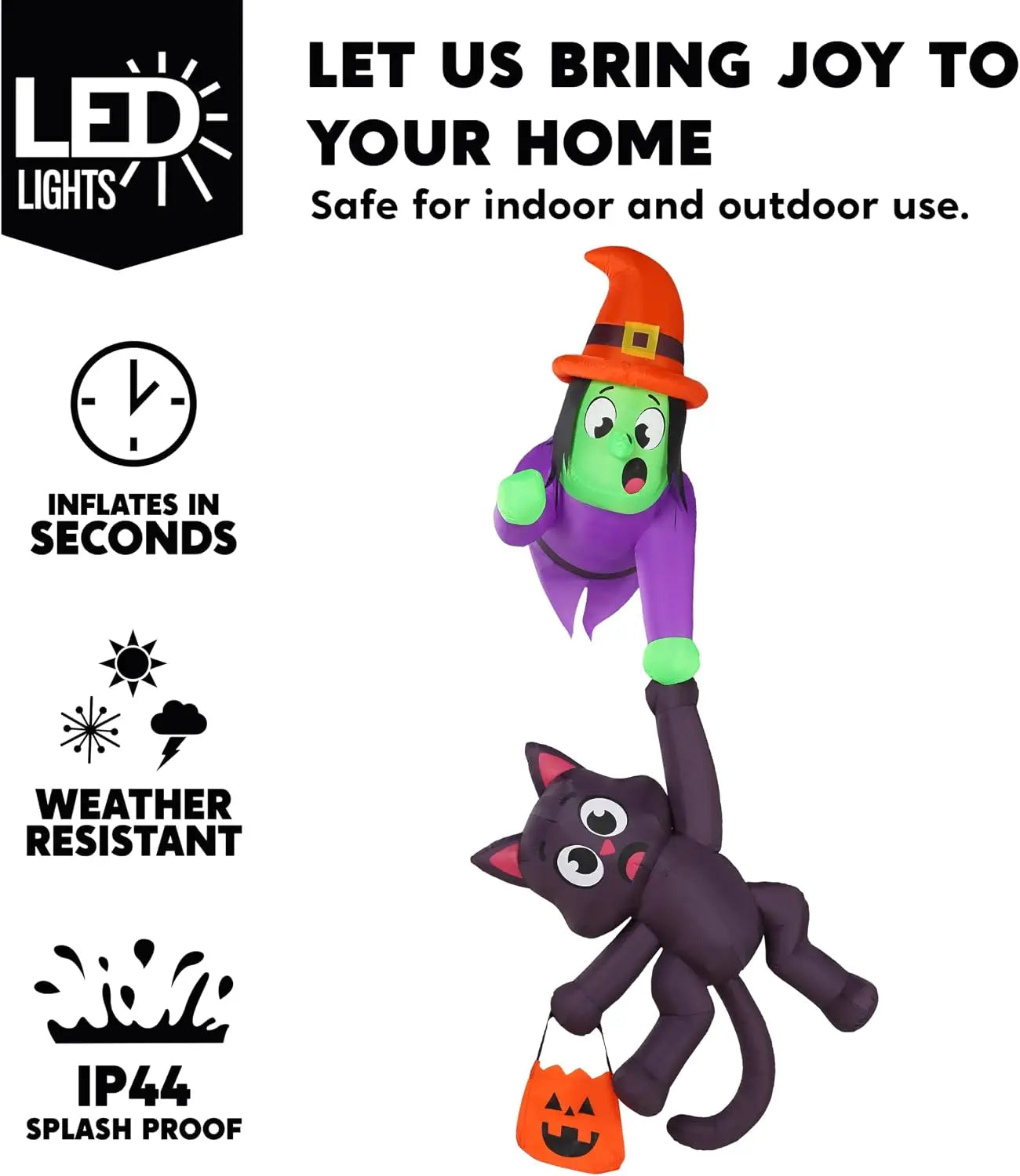 8FT Tall Witch and Black Cat Halloween Blow Up Roof Decoration  Inflatable Decoration with LED Lights Giant Halloween Inflatables for Outdoor Yard Roof Decor Indoor Garden Lawn Party Supplies