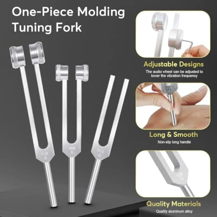 Tuning Forks for Healing Set 128Hz, 256Hz, 512Hz,Weighted Tuning Fork for Sound Therapy/Meditation/Yoga and Chakra with Mallet,