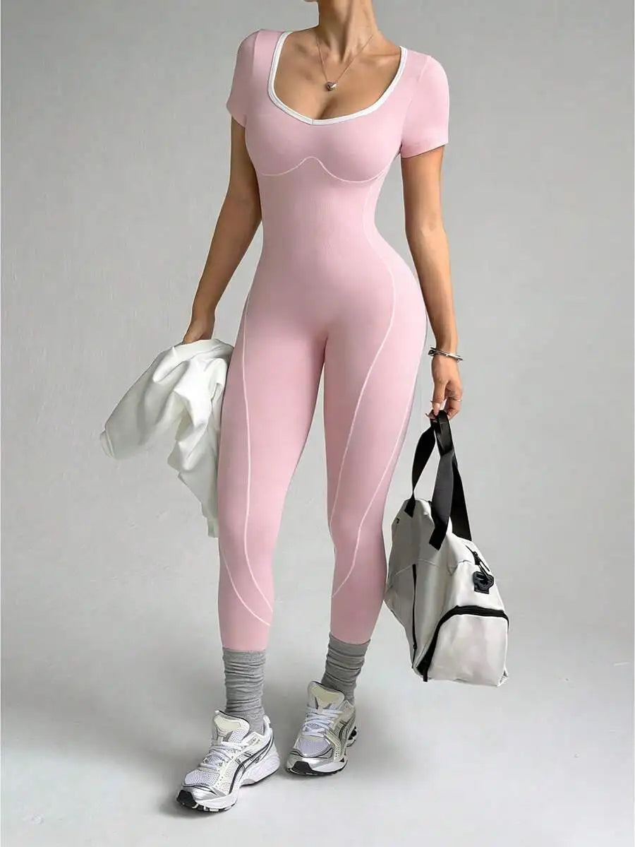 Dewbera Seamless Letter Design Women's Yoga Jumpsuit: Tummy Control Compression Activewear for Running & Fitness