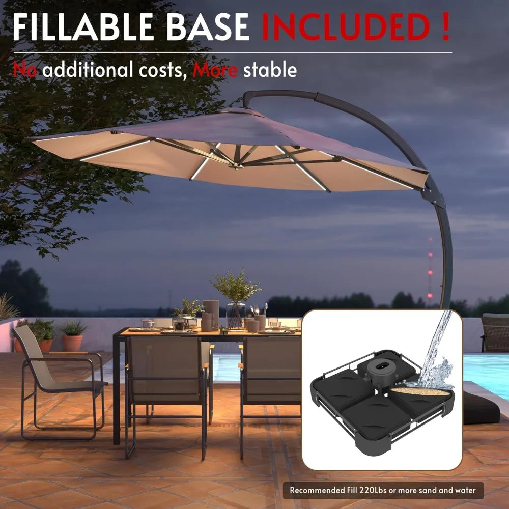 11FT Solar Powered LED Light Cantilever Patio Umbrella with Base Included, Large Cantilever Umbrella with, Customized