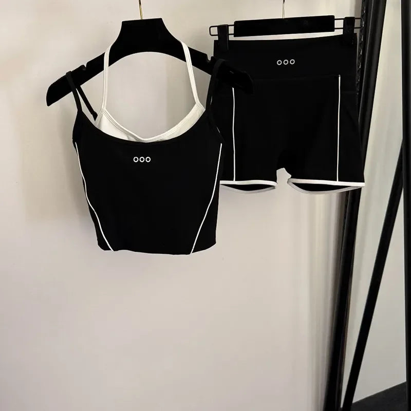 Summer Women Vest Shorts Tracksuit Designer Fake Two Piece Padded Tanks High Waist Shorts Fitness Yoga Outfits