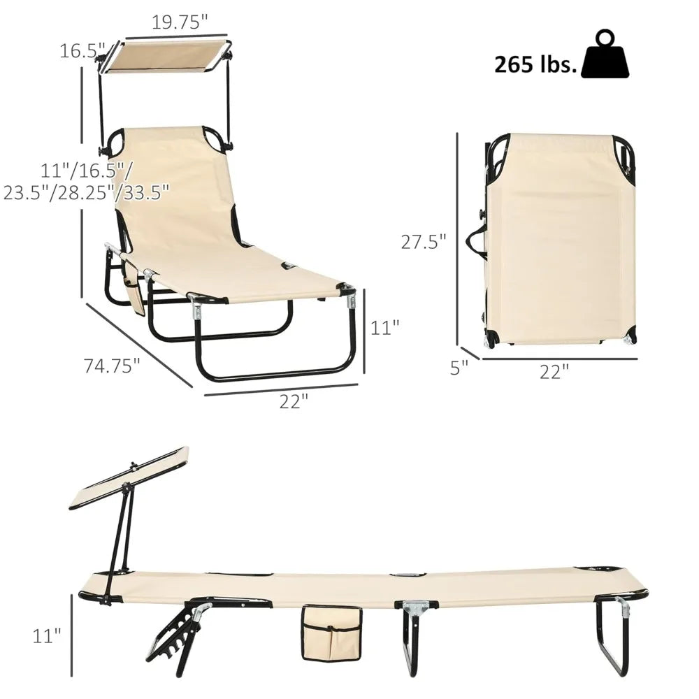 Folding Chaise Lounge Pool Lounge Chairs Set of 2, Outdoor Sun Tanning Chairs with Canopy Shade, Reclining Back, Customized