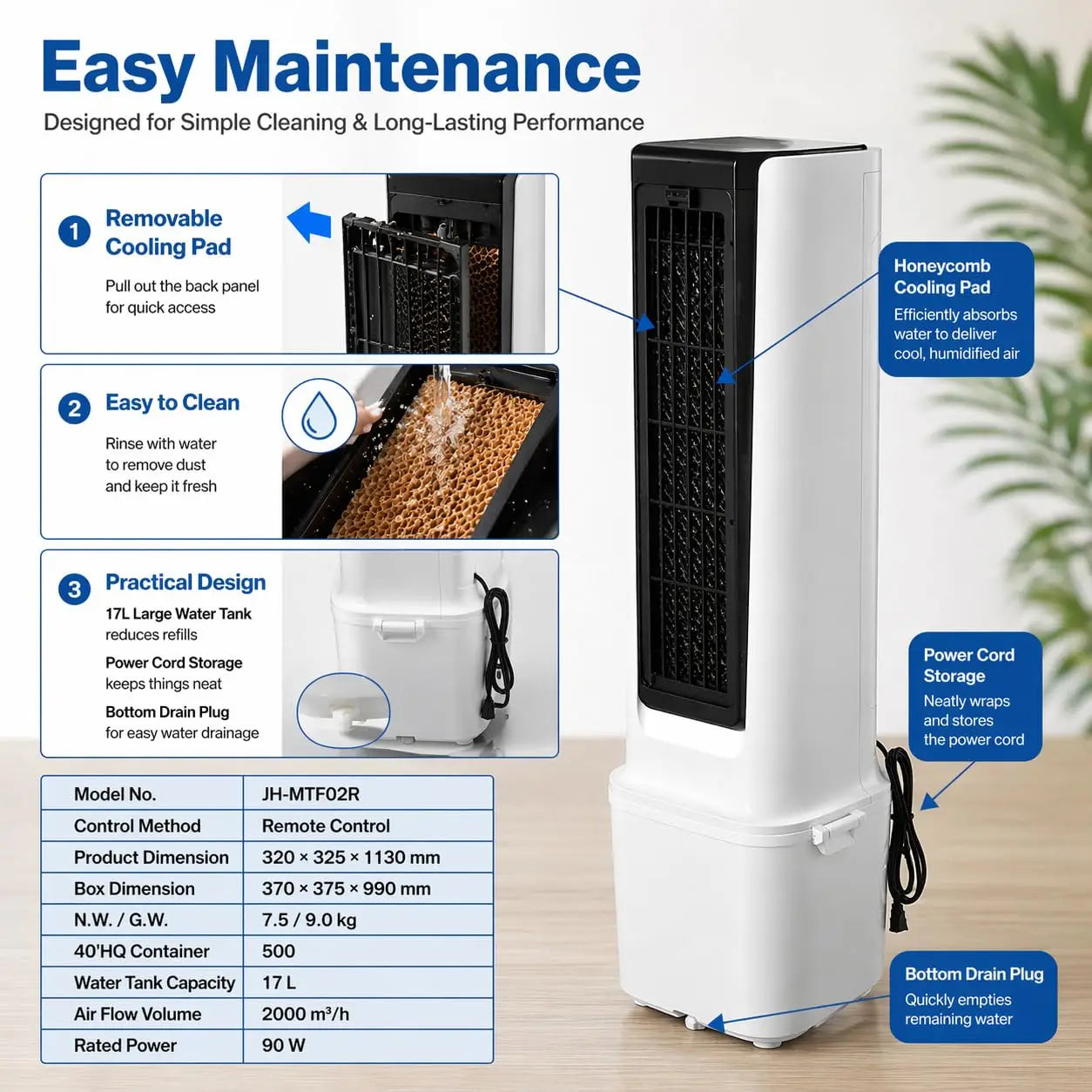 Portable Air Cooler Fan With Mist, Remote Control, 3 Speeds, 1600ml Tank, 2/4/8H Timer, Quiet Cooler For Bedroom Office Desk Use