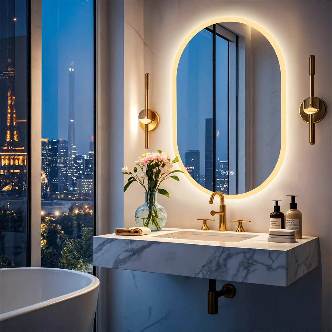 60x90cm Smart Frameless LED Mirror Bathroom, Wall Mounted with Bluetooth Speaker, 3 Color Dimmable Anti-Fog IP44 Waterproof Vanity Mirror for Home