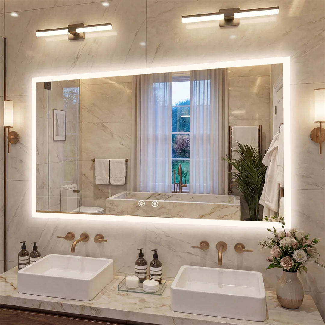 LED Rectangular Wall Mount Smart Bathroom Vanity Mirror Tempered Glass with 3 Color Temperature Options And Defog Feature for Makeup