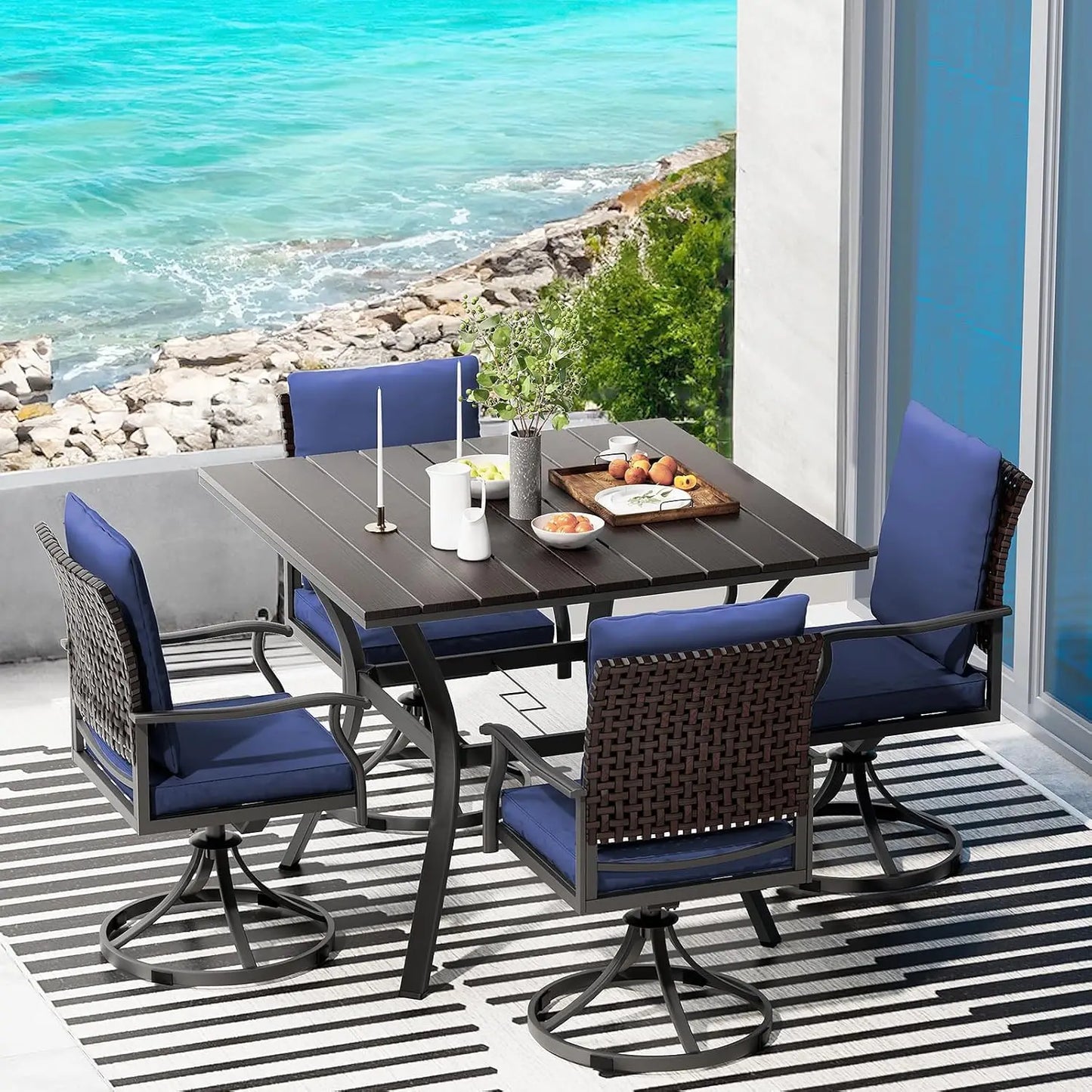 5 Piece Outdoor Patio Dining Set with 4 Swivel Dining Chairs & 1 Large Round Dining Table,Bistro Furniture Set for, Customized
