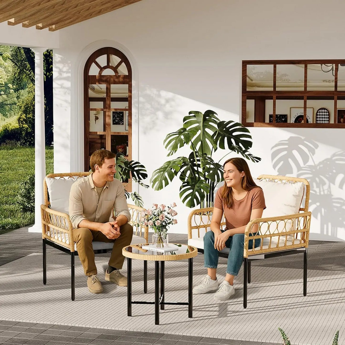 3-Piece All-Weather Wicker Rattan Bistro Patio Furniture Set with Glass Table and Thick Cushions, Beige - Ideal for, Customized