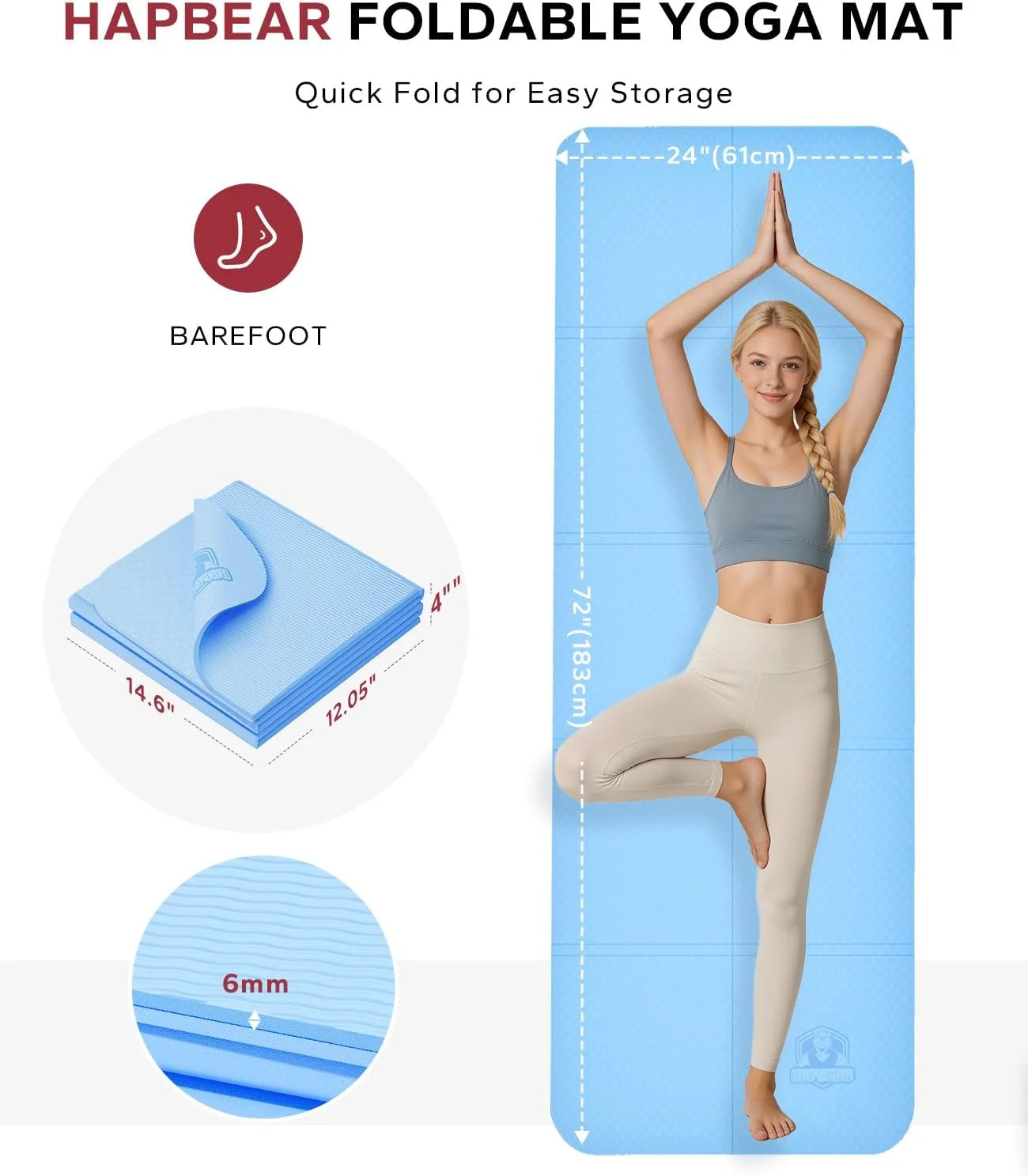 HAPBEAR Foldable Yoga Mat - 72"x24"x0.24" (6mm), Non-Slip TPE Exercise Mat for Home Workout, Yoga, Pilates,Stretching, & Travel, Durable & Eco-Friendly, Includes Carry Bag