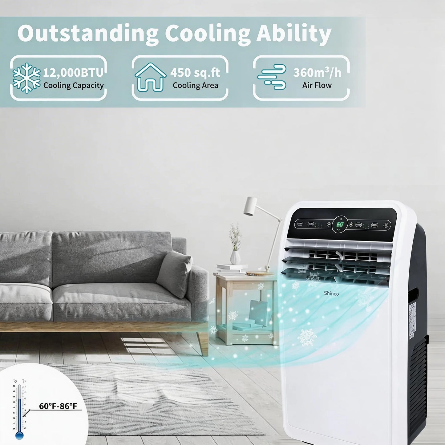 Shinco 12,000 BTU Portable Air Conditioner, Portable AC Unit with Built-in Cool, Dehumidifier&Fan Modes for Room up to 450 sq.ft