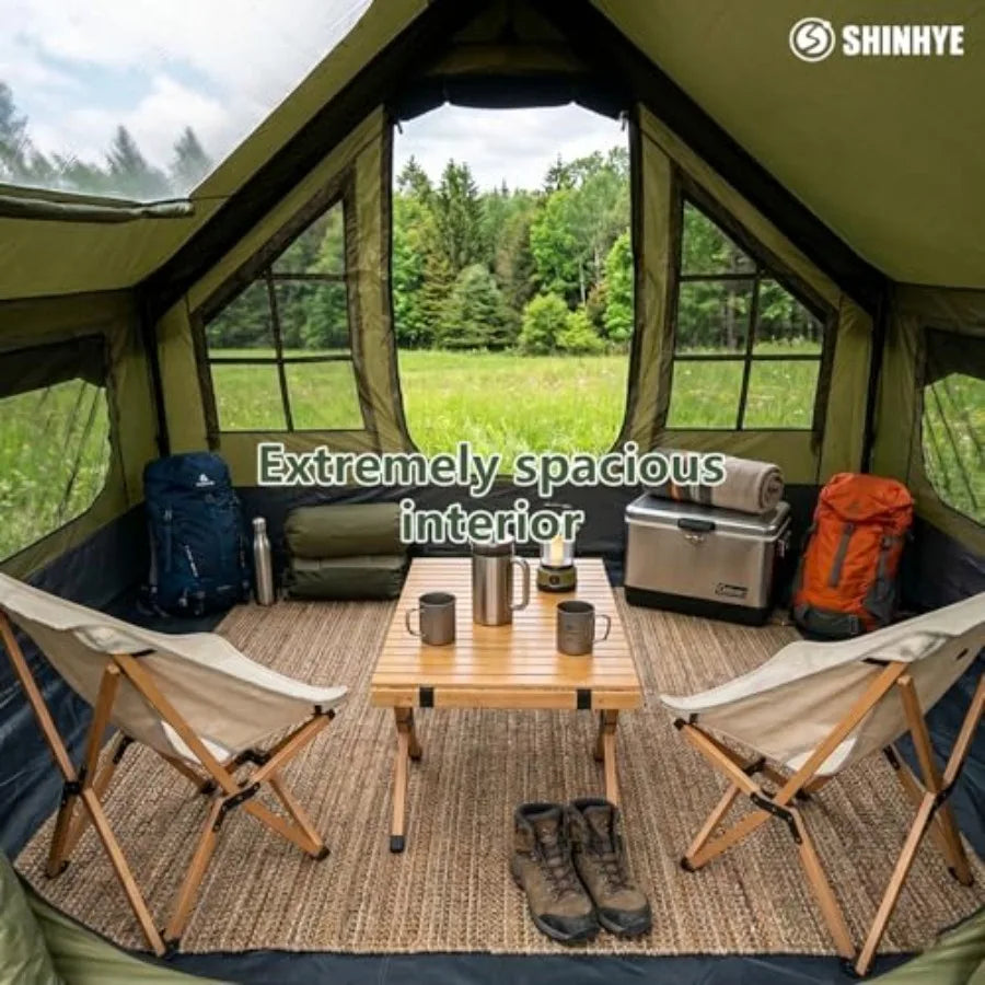 Camping inflatable tent with waterproof Oxford fabric, beige, easy setup via pump for 2/3/4 persons, all-season hot cabin air t