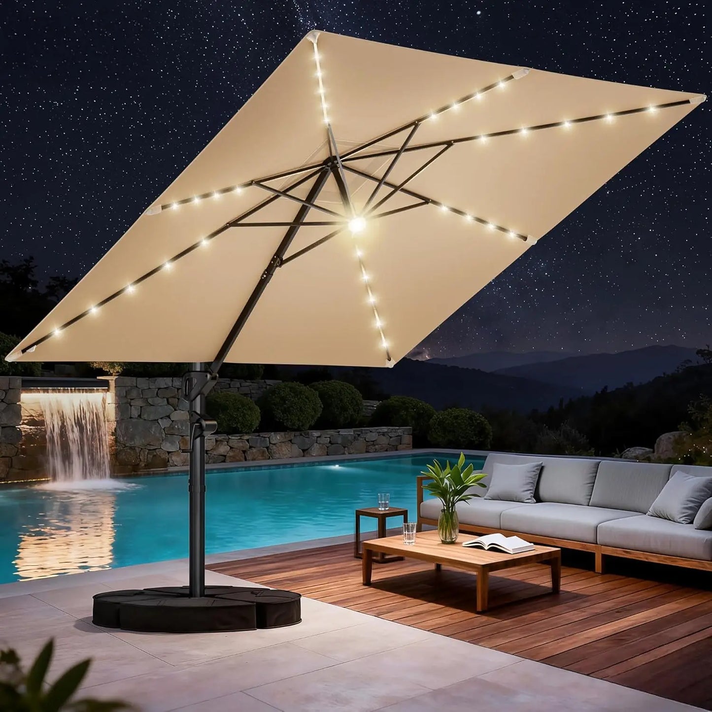 10 ft Square Cantilever Patio Umbrella with Base Included, Solar Lights Large Umbrella Outdoor Patio with, Customized