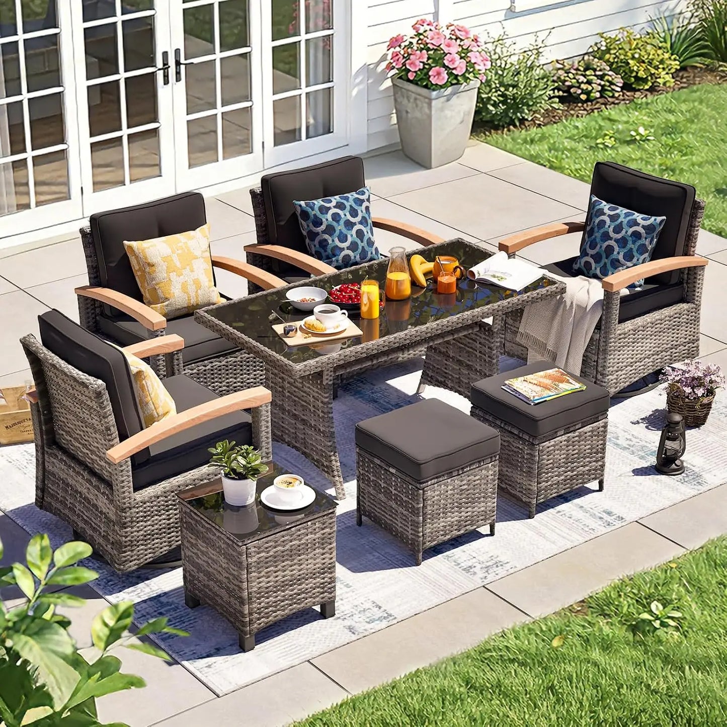 8 Pieces Patio Furniture Sets, PE Wicker Outdoor Conversation Sets with 2 Wood Armrests Swivel Rocker Chairs, 2, Customized