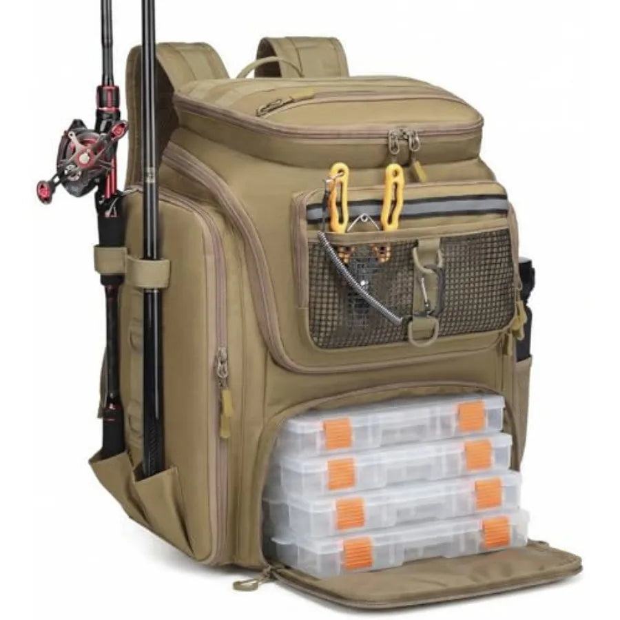 Fishing Backpack 45L with Rod Holders, Water-Resistant Tackle Backpack for Fishermen, Large Capacity Fishing Gear Bag for Trave