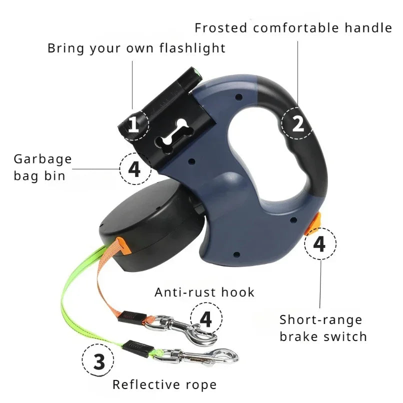 Automatic retractable two-end pet leash Dog leash with flashlight one tow two easy to walk your dog