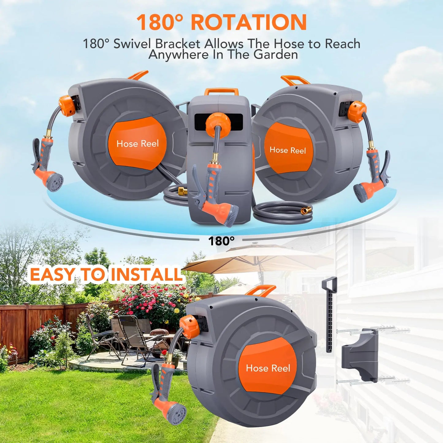 Wall Mounted Retractable Garden Hose Reel, 1/2 in x 72/100 ft, Auto Slow Rewind, 180° Swivel, 9-Function Nozzle, Any Length Lock