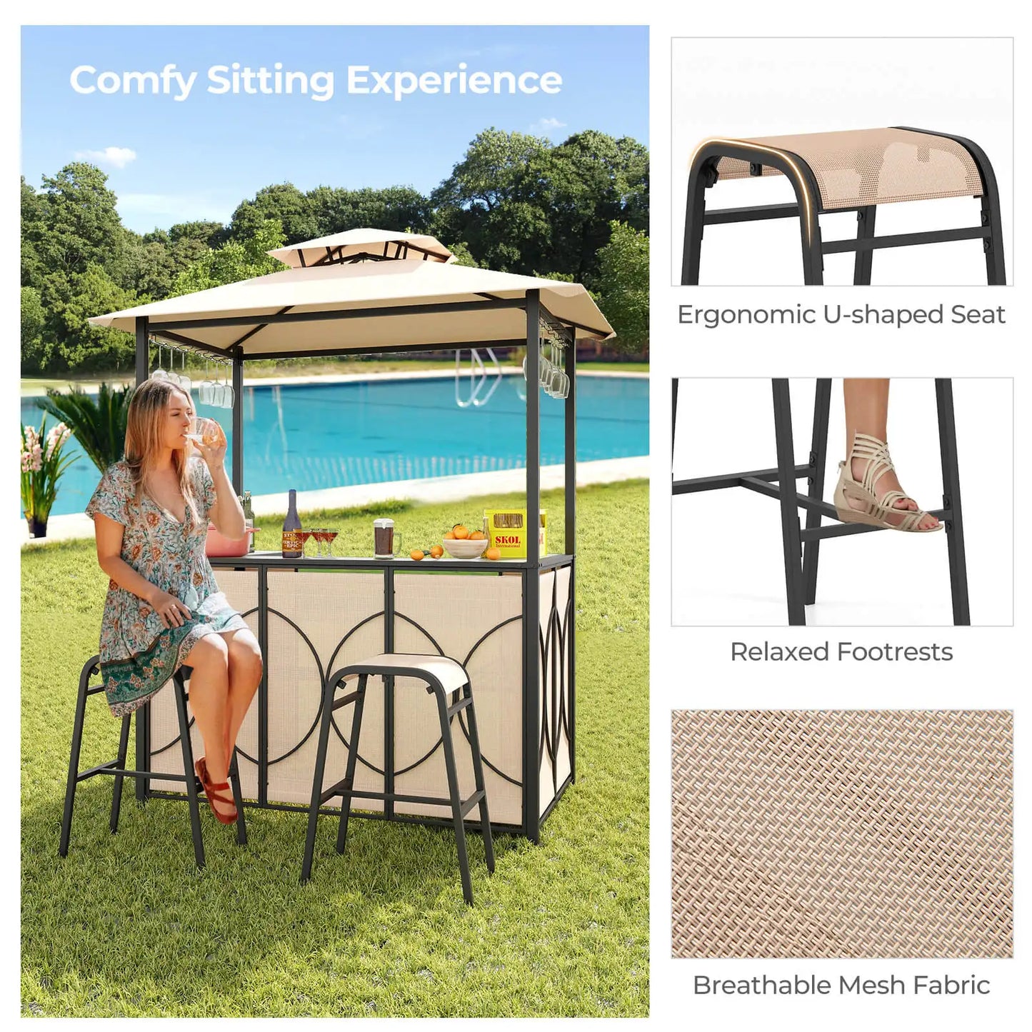 3 PCS Patio Bar Set with Tempered Glass Bar Table Metal Storage Shelves for Garden Brown