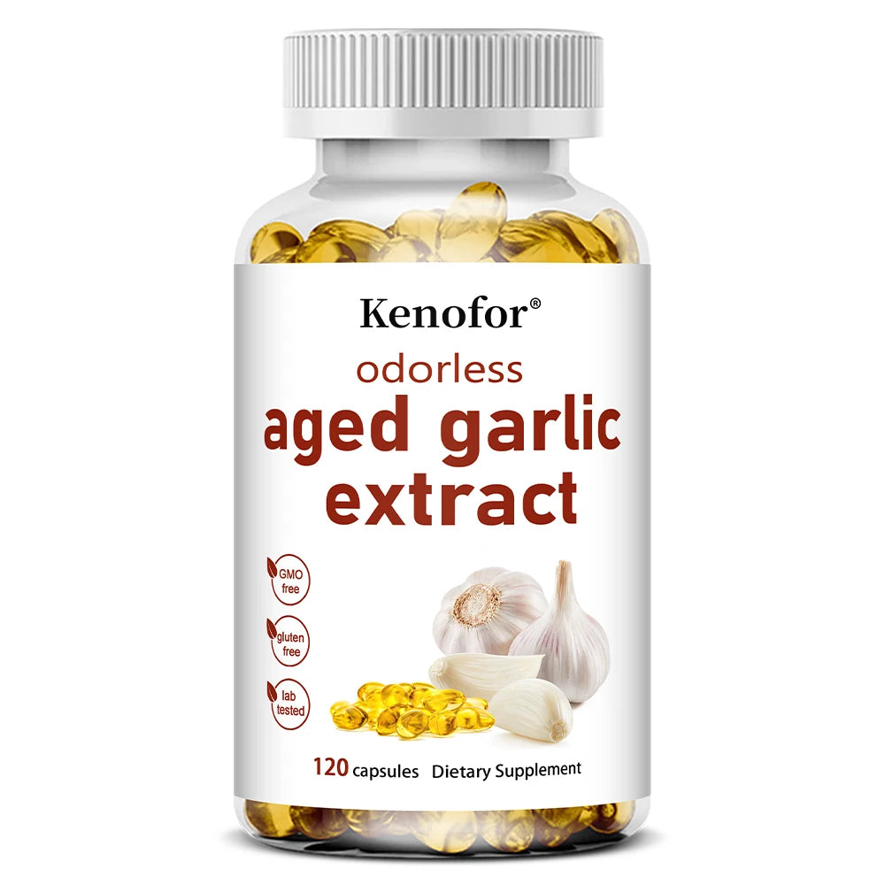 Odorless Aged Garlic Extract Capsules, Health & Energy Support, Cleansing and Detoxification, Non-GMO, Non-Soy