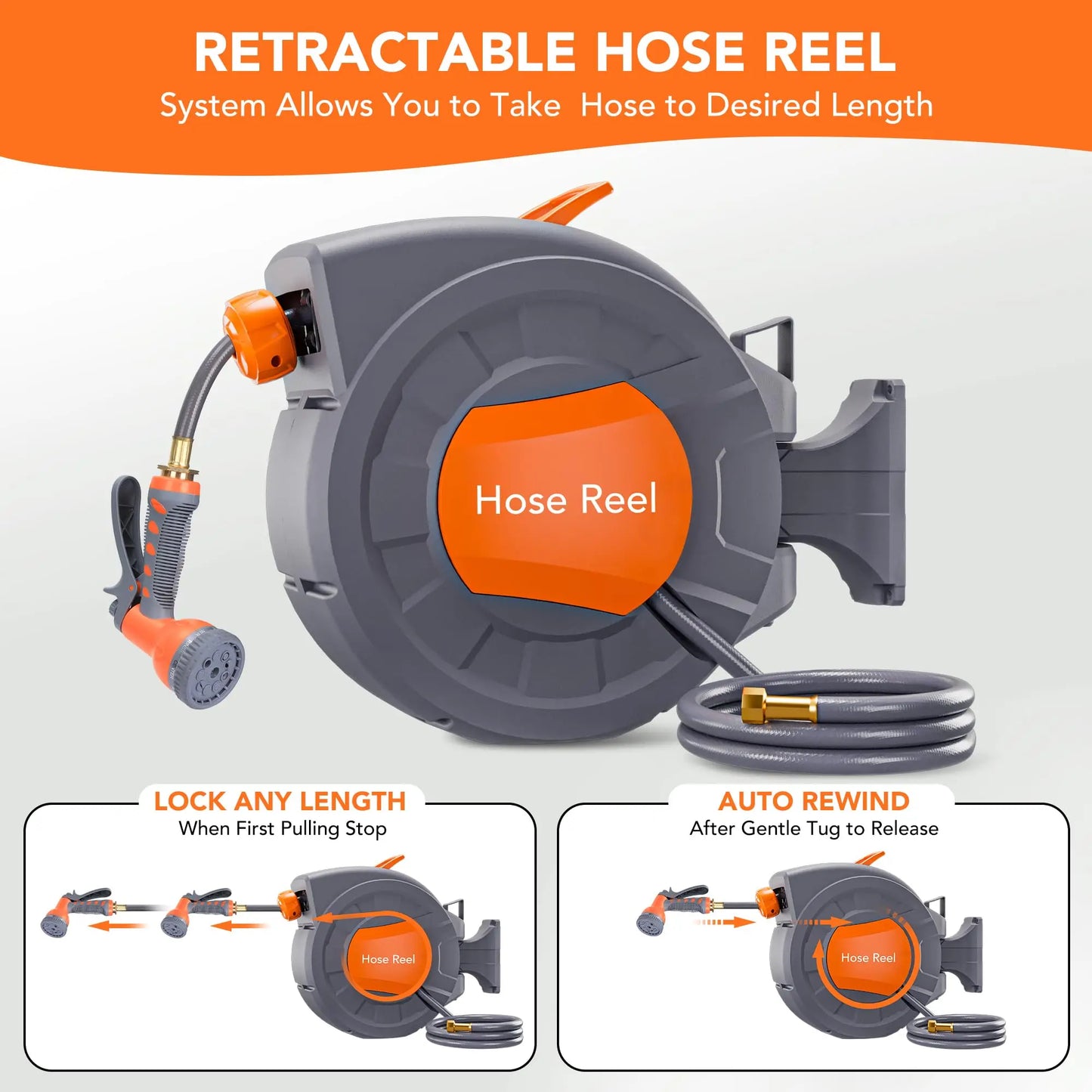 Wall Mounted Retractable Garden Hose Reel, 1/2 in x 72/100 ft, Auto Slow Rewind, 180° Swivel, 9-Function Nozzle, Any Length Lock