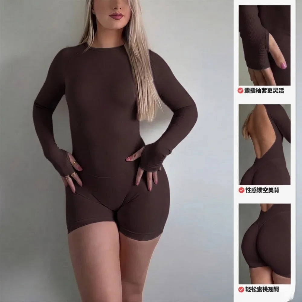 Women Long Sleeve Yoga Jumpsuit Shorts Seamless Knit Open Back One Piece Workout Romper Nylon Stretch Gym Jumpsuit Breathable Cycling Outdoor Sports Fitness Training Daily Activewear