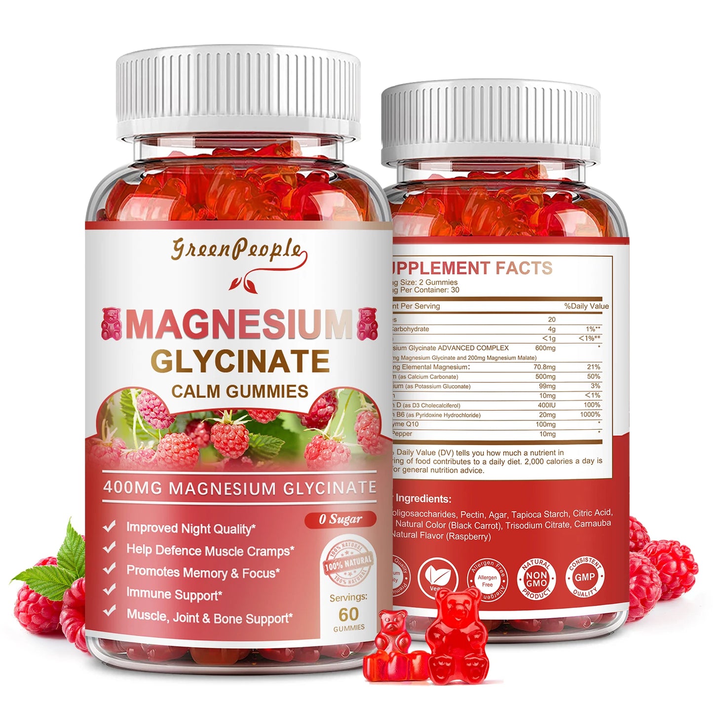 400mg Magnesium Glycinate Gummies with Magnesium Malate,Vitamin D,B6 & CoQ10 for Calm Support & Sleep for Adults Raspberry
