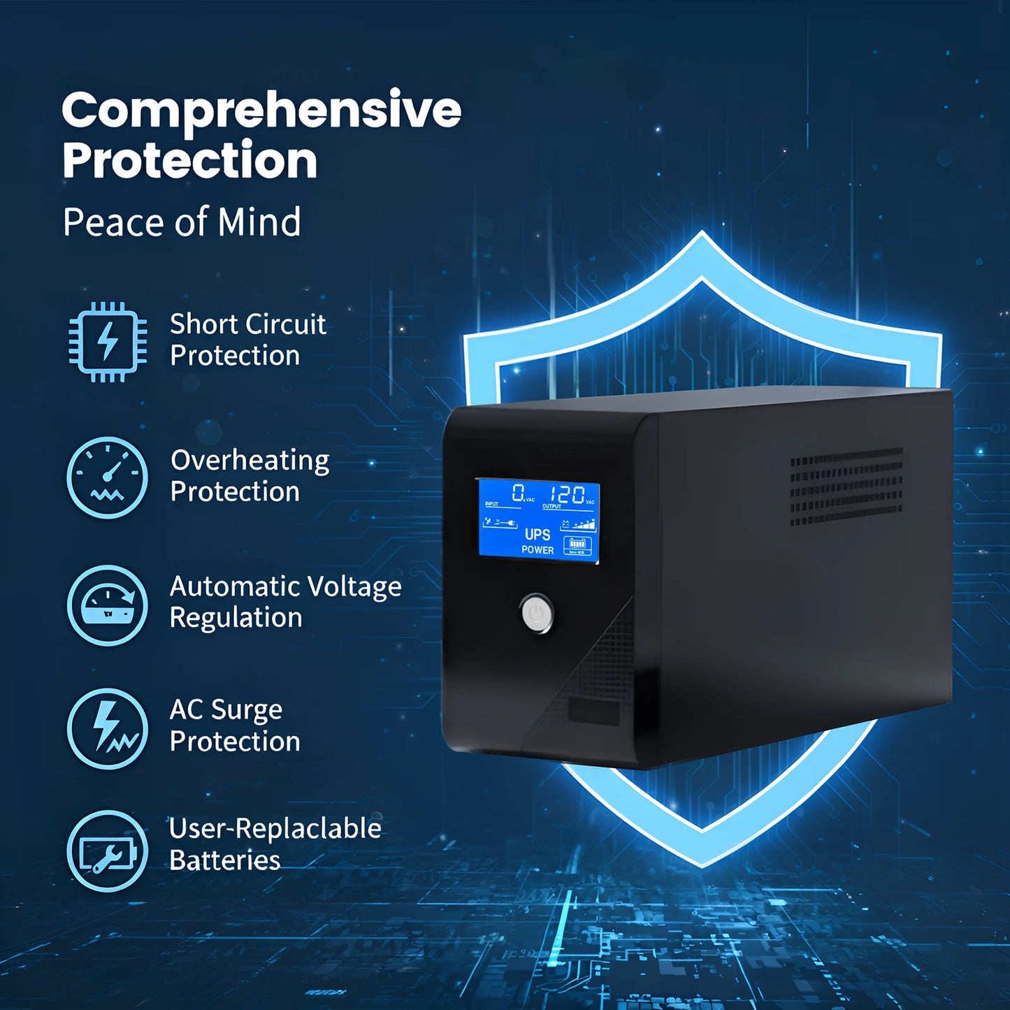 1000VA UPS Power Supply 600W Battery Backup Power with 3 Outlets Intelligent LCD Display Power Outage Protection
