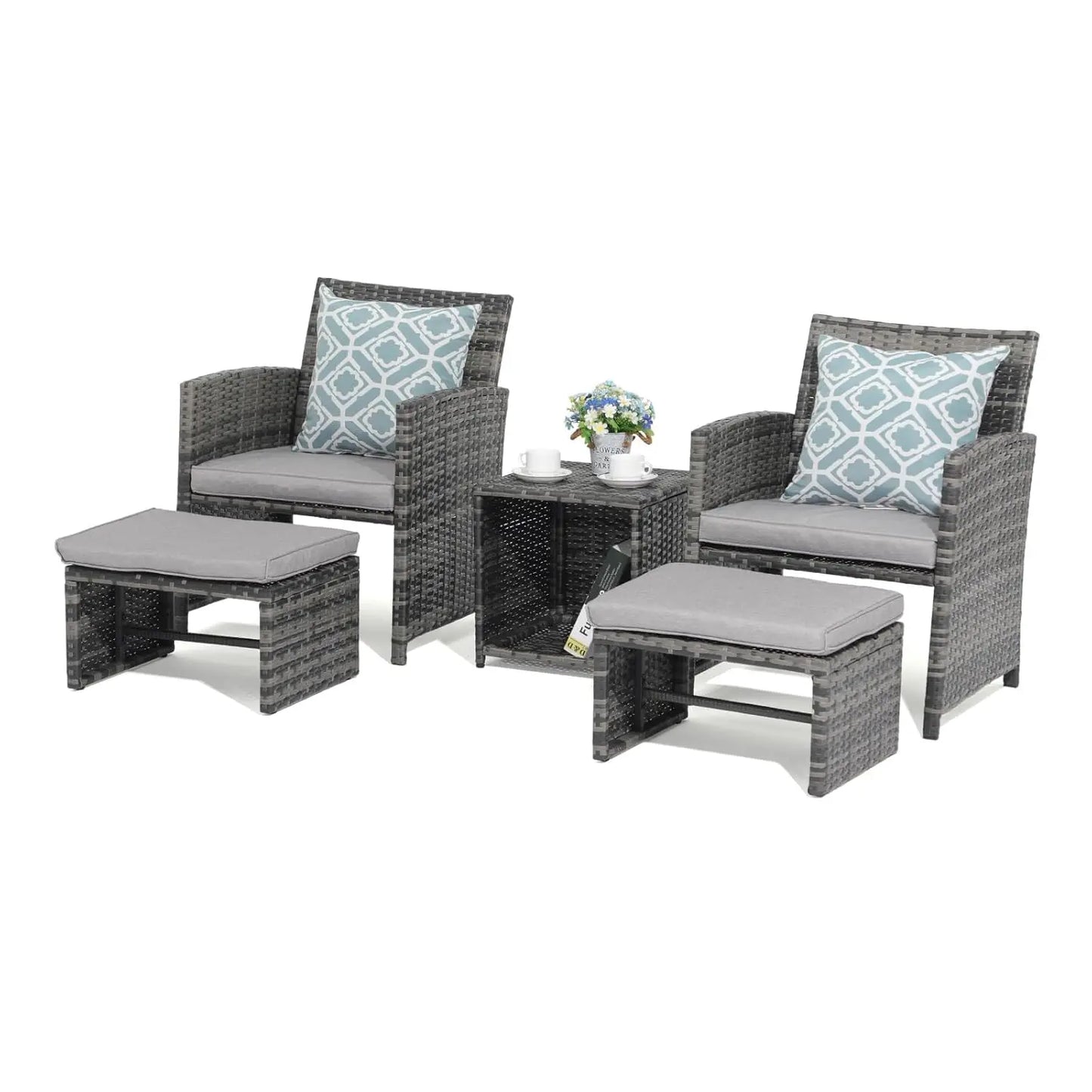 5 Piece Patio Furniture Set, Wicker Outdoor Conversation Chair and Ottoman Set with Coffee Table, Pillows Included,, Customized