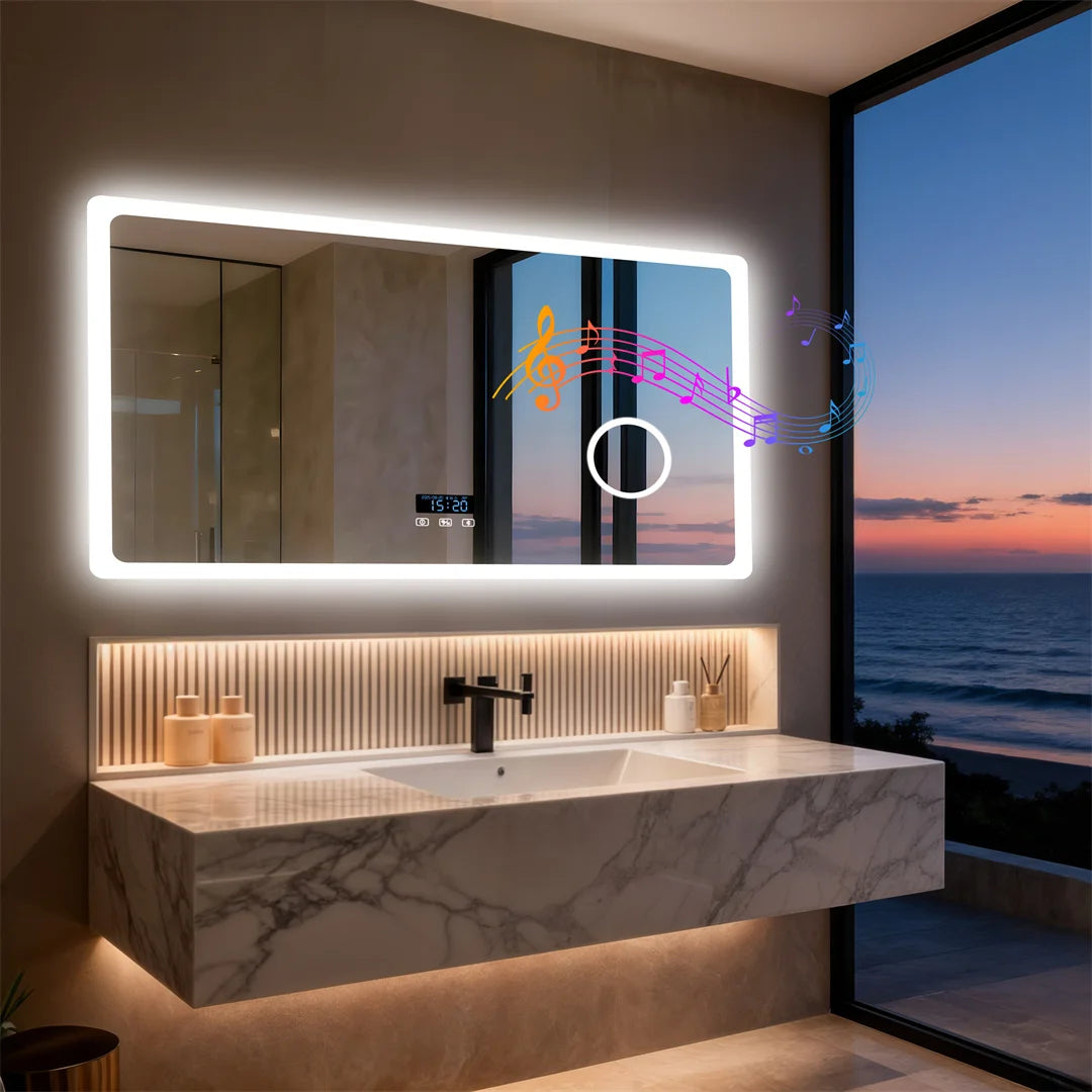 Bluetooth LED Bathroom Mirror 120x70cm Rectangle 3X Magnifying Tempered Glass Makeup Dressing Mirror with Time Display